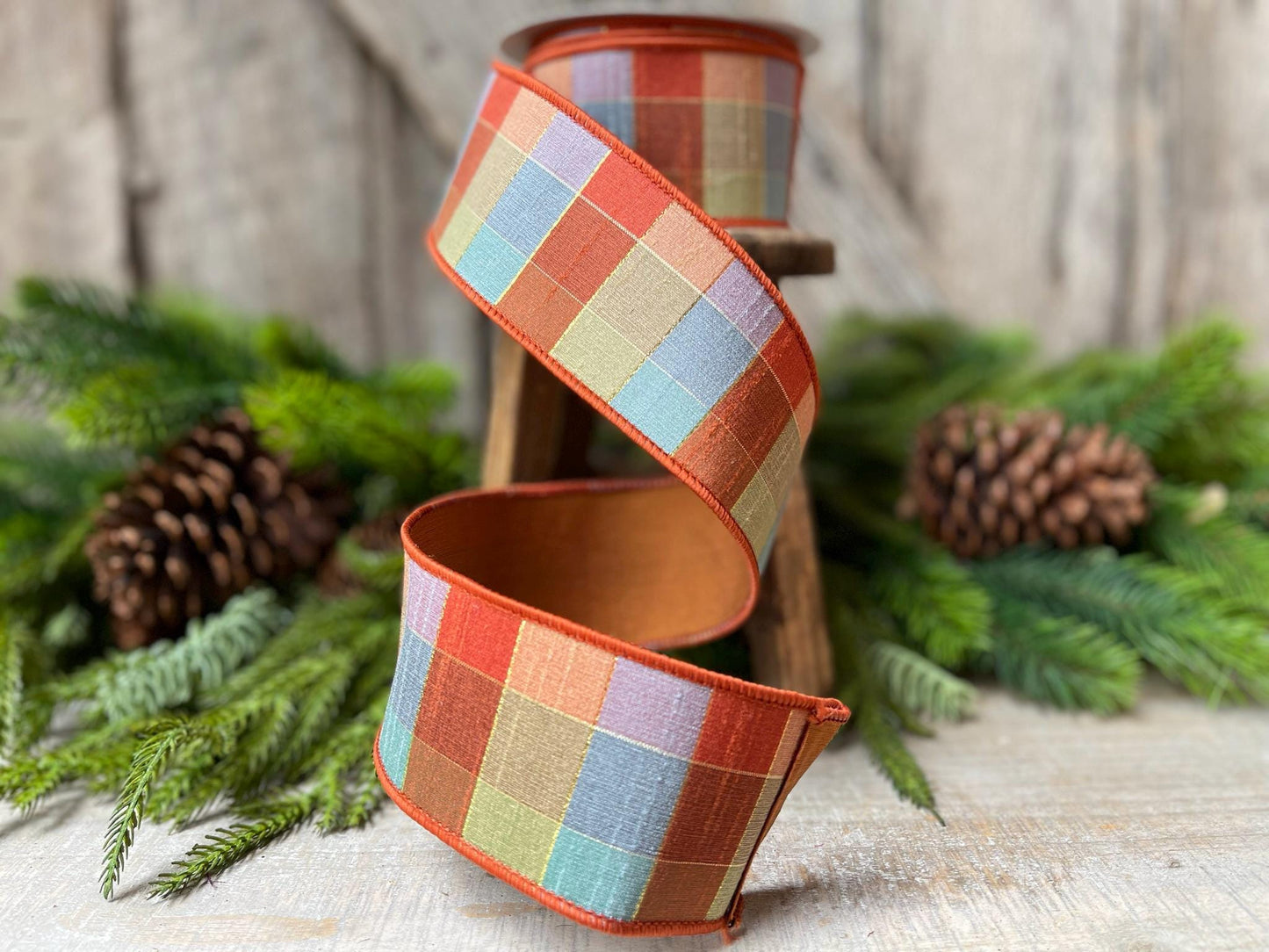 2.5" Orange Sedona Checks, Farrisilk Ribbon, Fall Ribbon