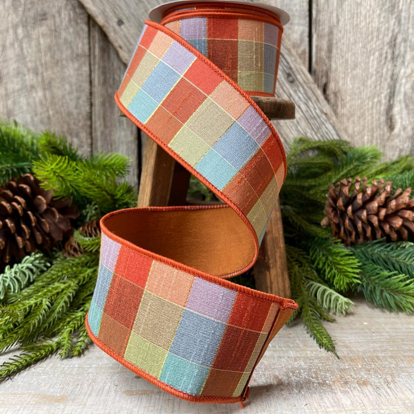 2.5" Orange Sedona Checks, Farrisilk Ribbon, Fall Ribbon