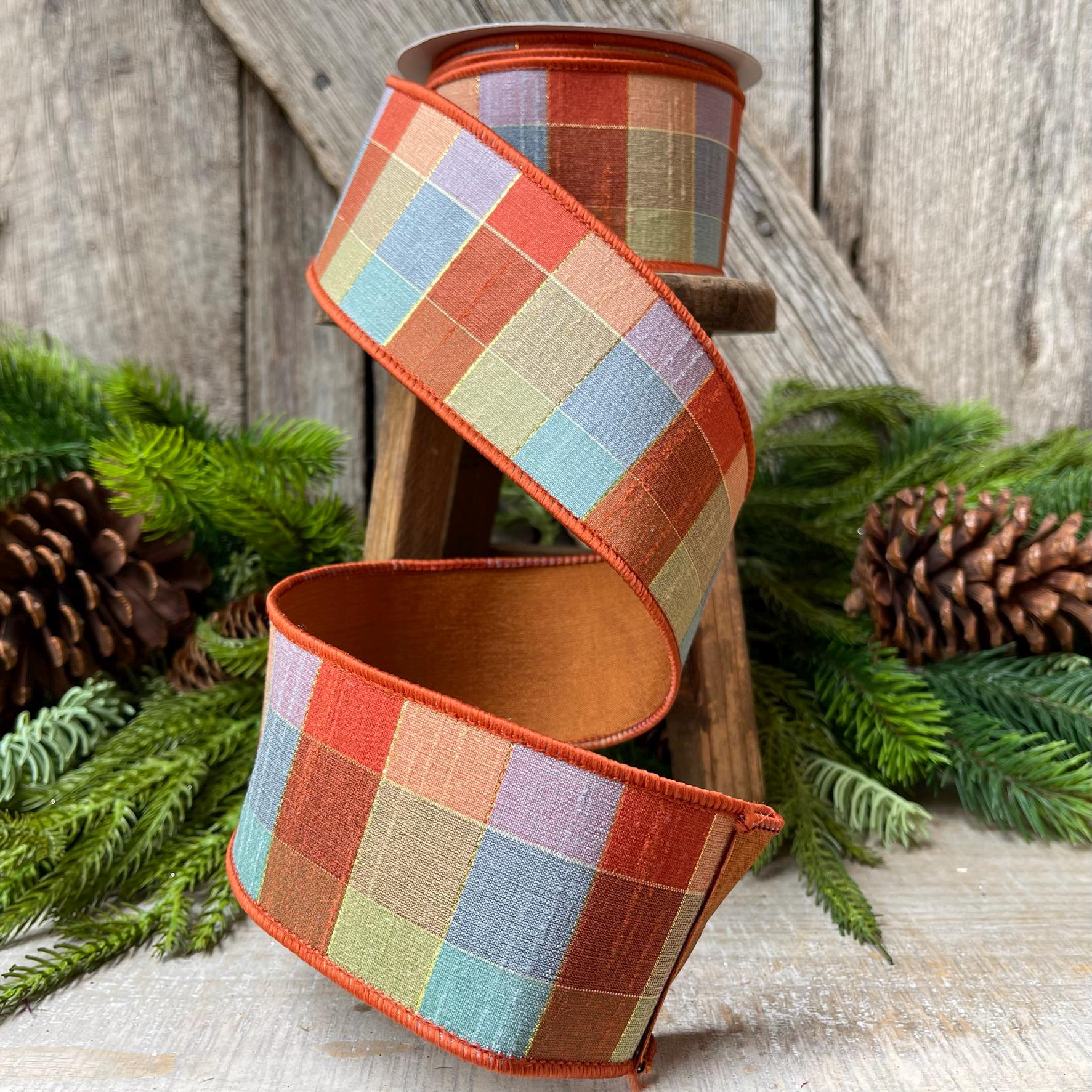 2.5" Orange Sedona Checks, Farrisilk Ribbon, Fall Ribbon