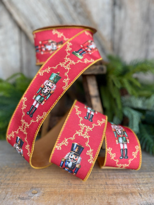 2.5" Red Nutcracker Ribbon, Red Gold Christmas Ribbon, Ribbon for Tree