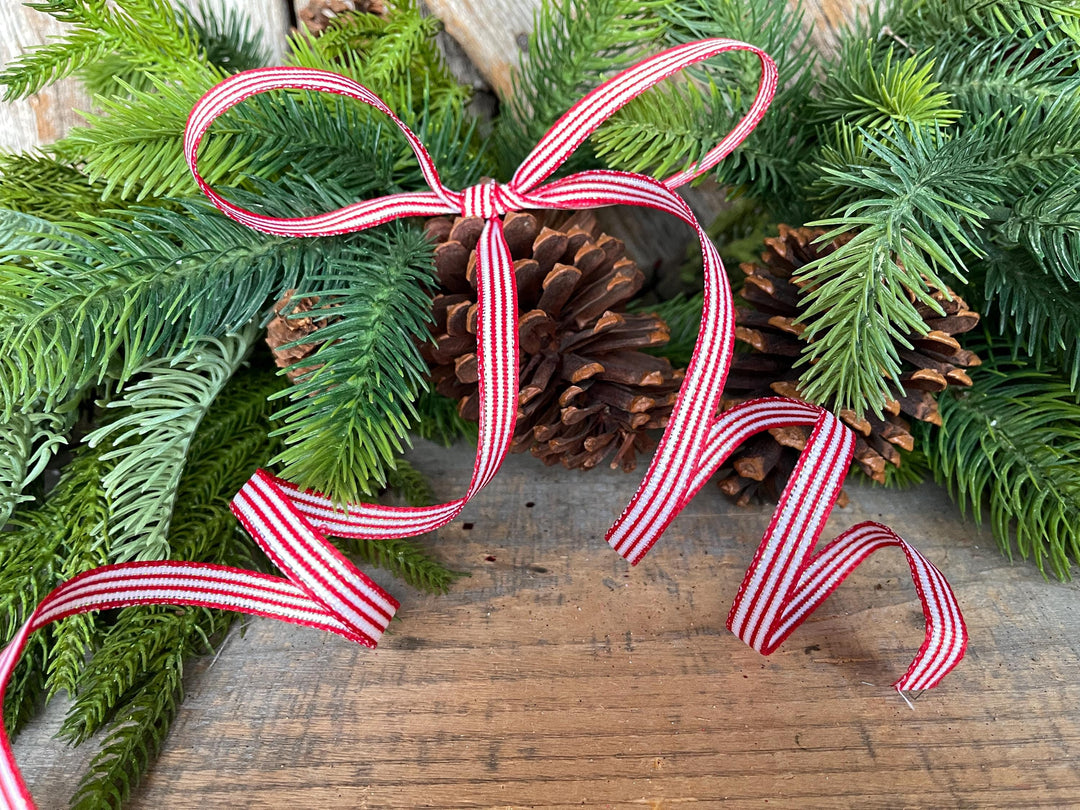 3/8" Red White Stripe Ribbon, Wired Ribbon