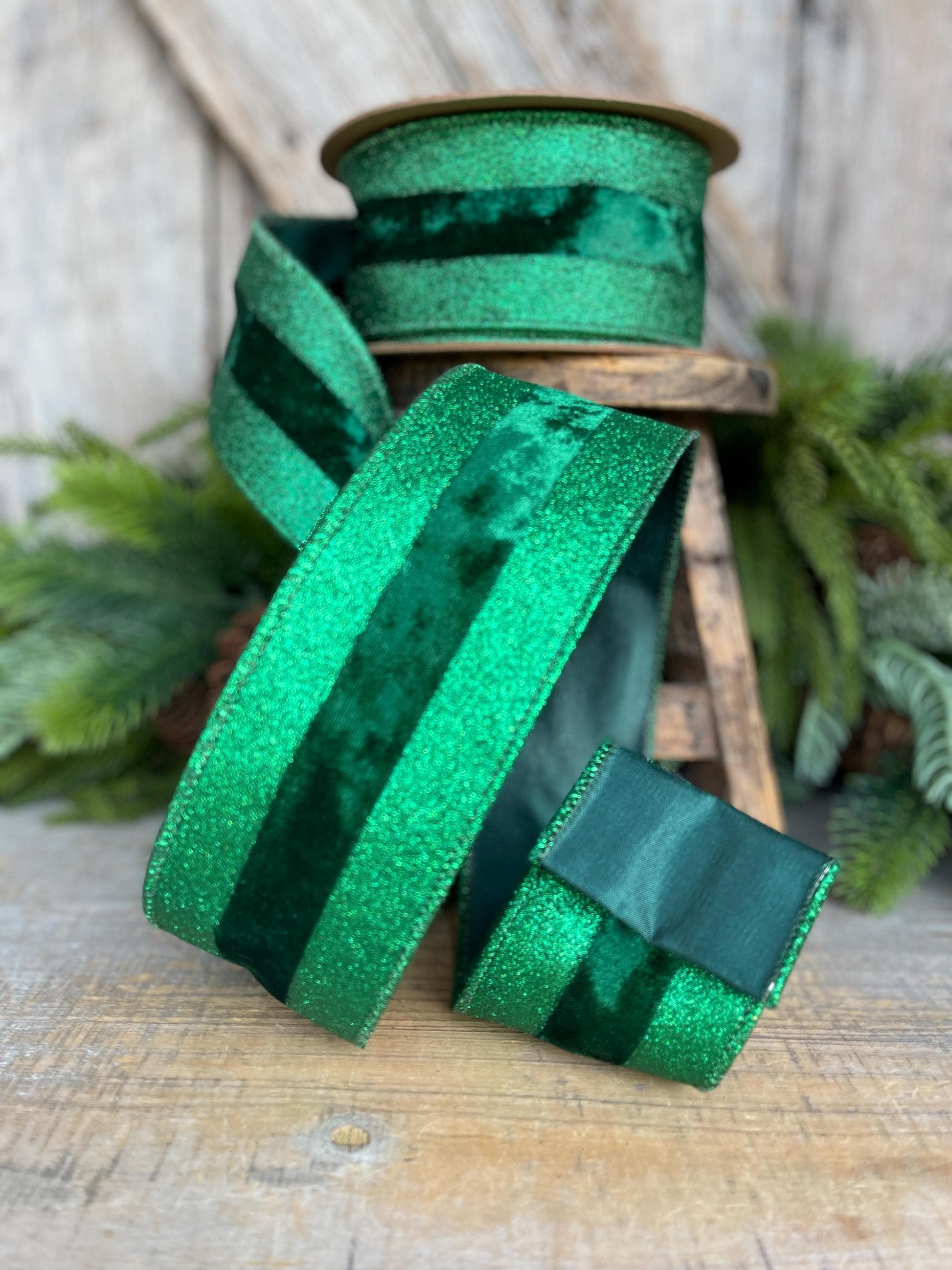 2.5" Emerald Green Velvet Ribbon, Vlevet Glitter Stripe Ribbon, Christmas Ribbon