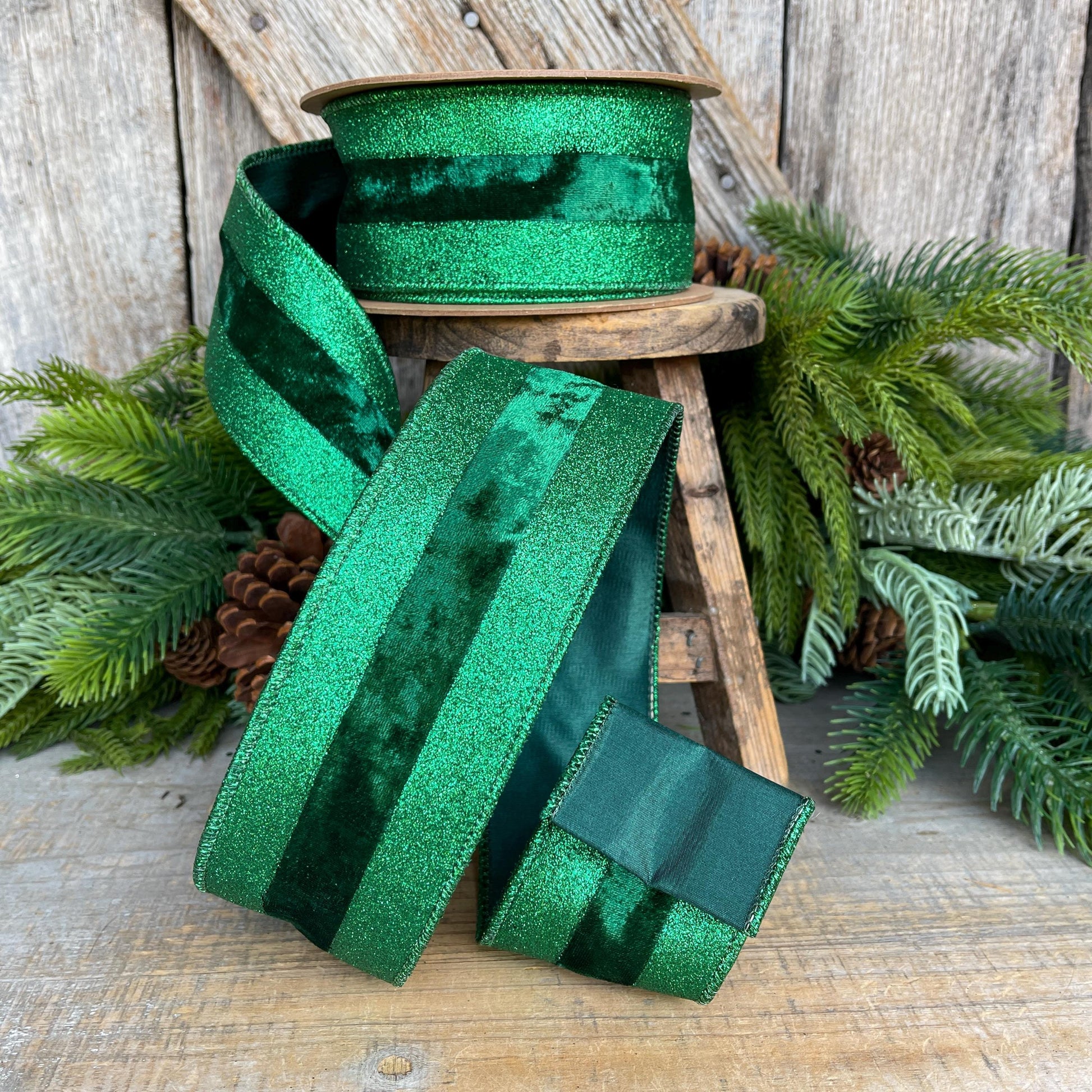 2.5" Emerald Green Velvet Ribbon, Vlevet Glitter Stripe Ribbon, Christmas Ribbon
