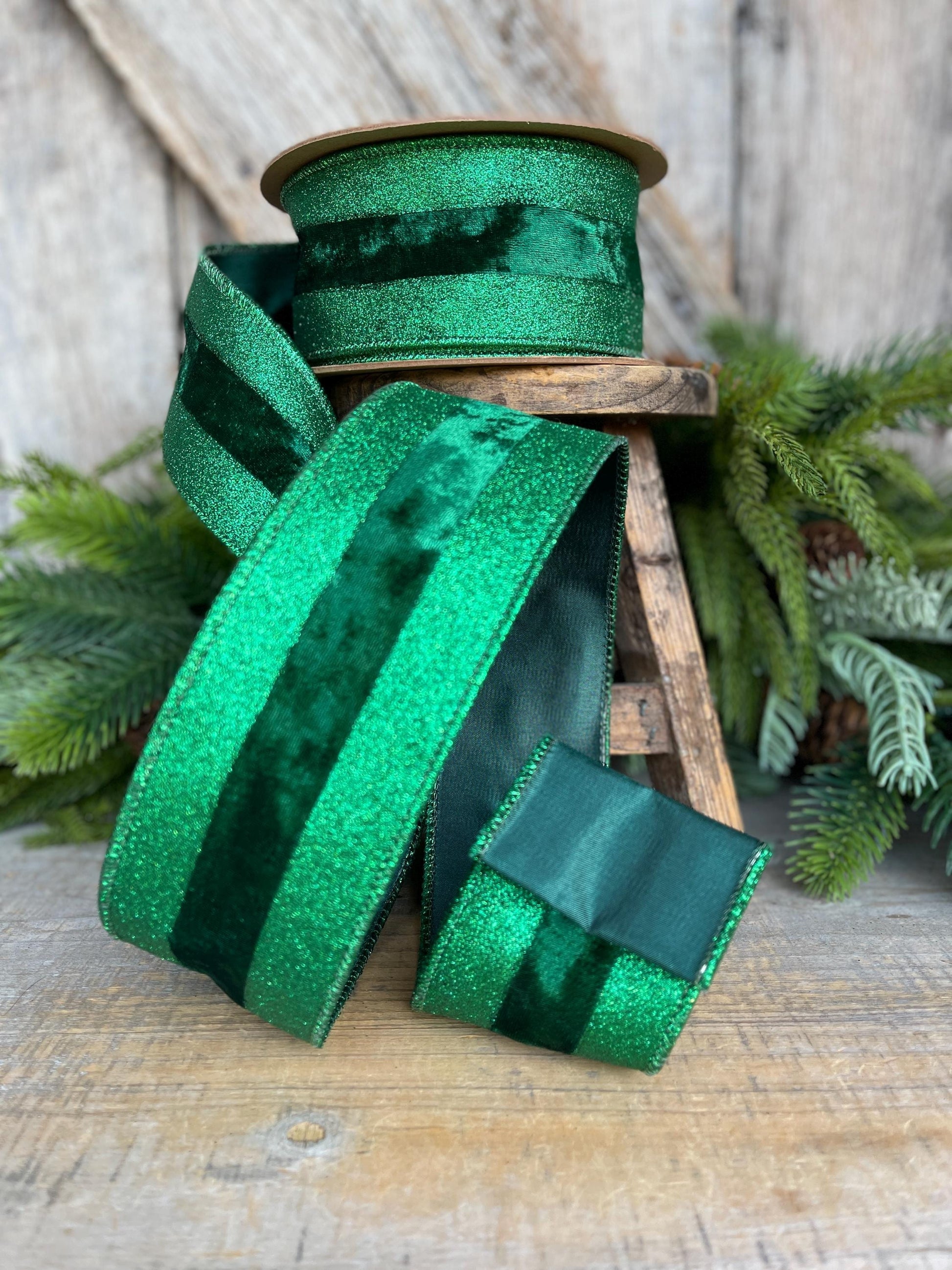 2.5" Emerald Green Velvet Ribbon, Vlevet Glitter Stripe Ribbon, Christmas Ribbon