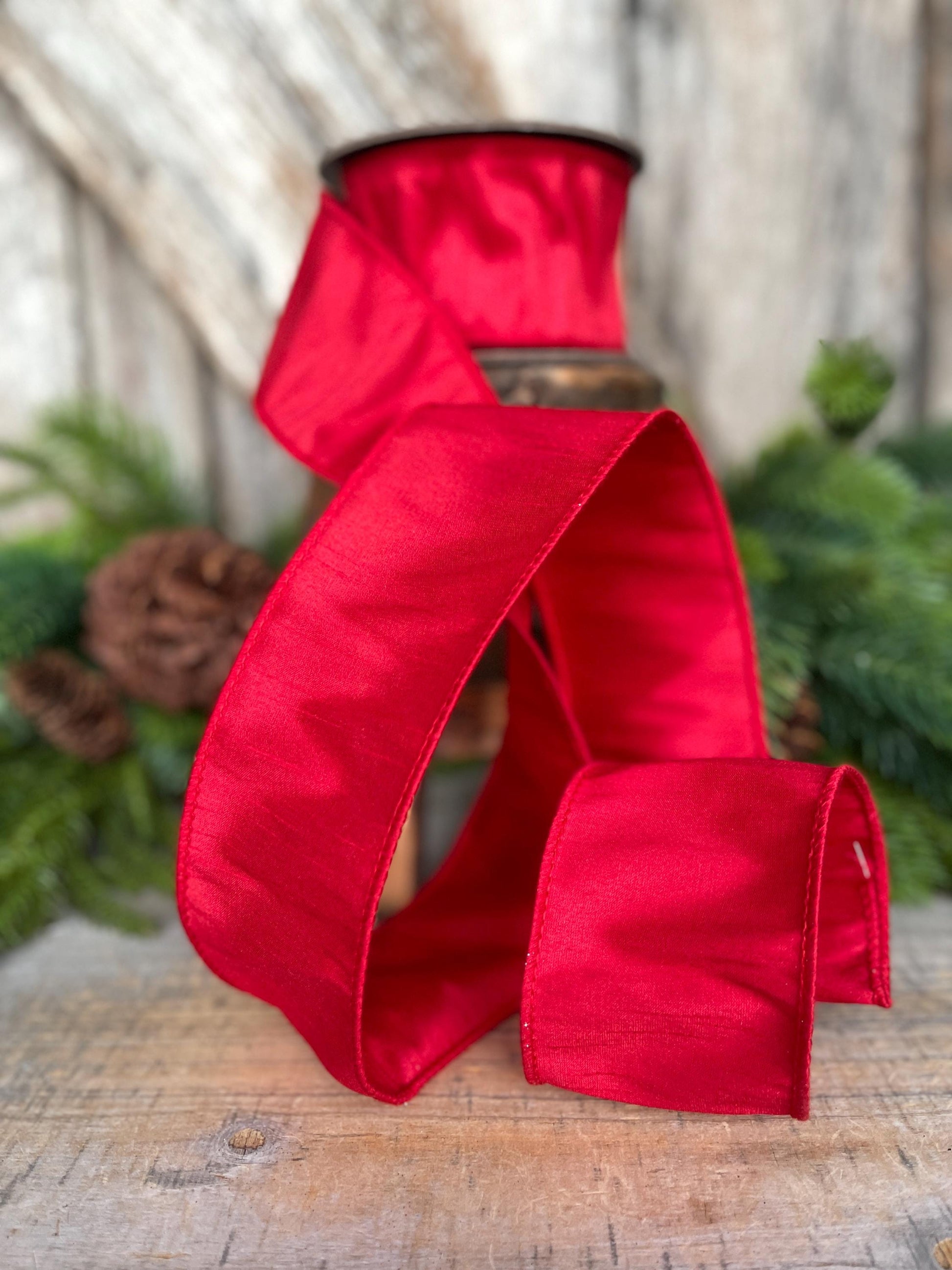 2.5" Red Dupion Ribbon, Red Ribbon, Christmas Ribbon, Wide Ribbon, Wreath Supply