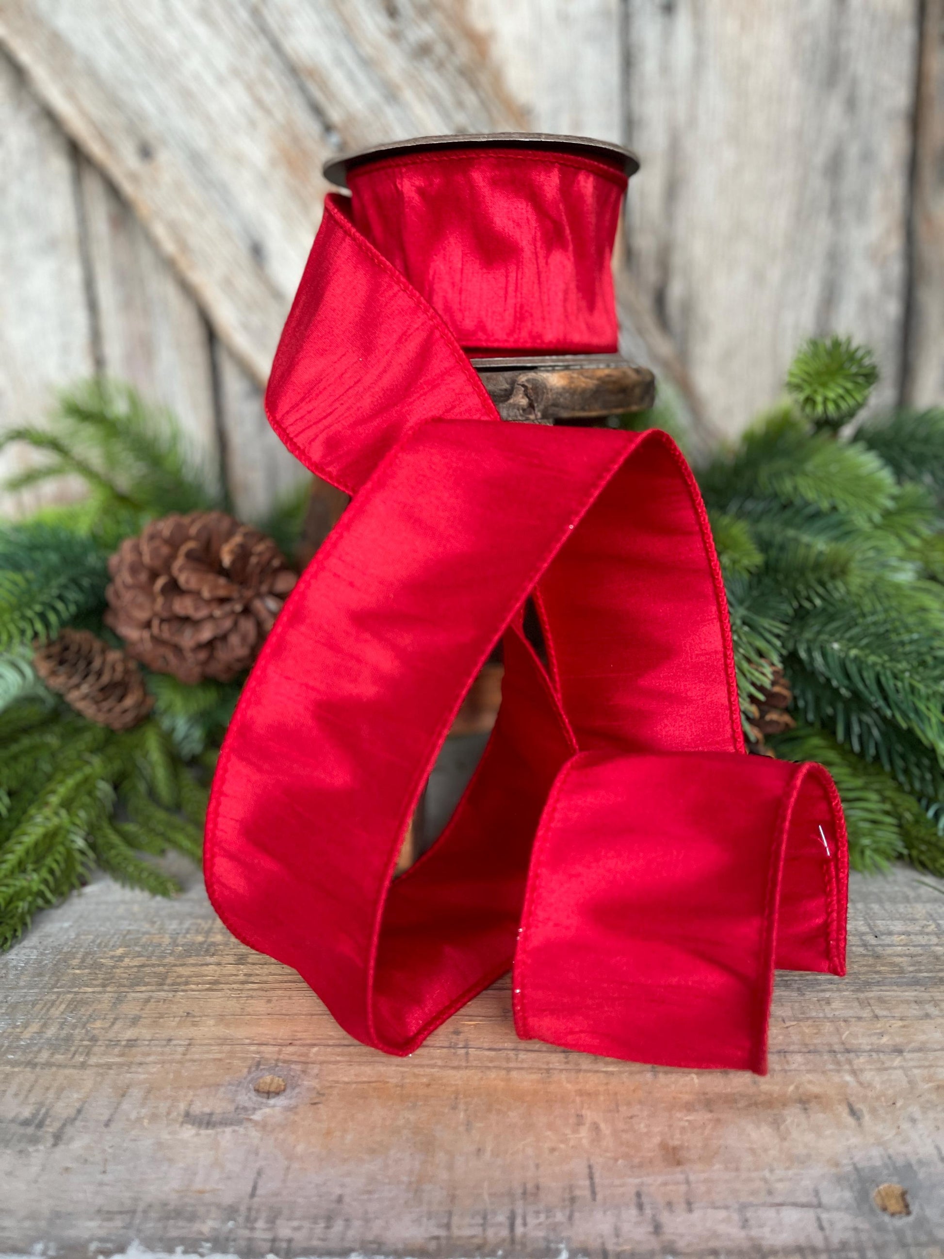 2.5" Red Dupion Ribbon, Red Ribbon, Christmas Ribbon, Wide Ribbon, Wreath Supply