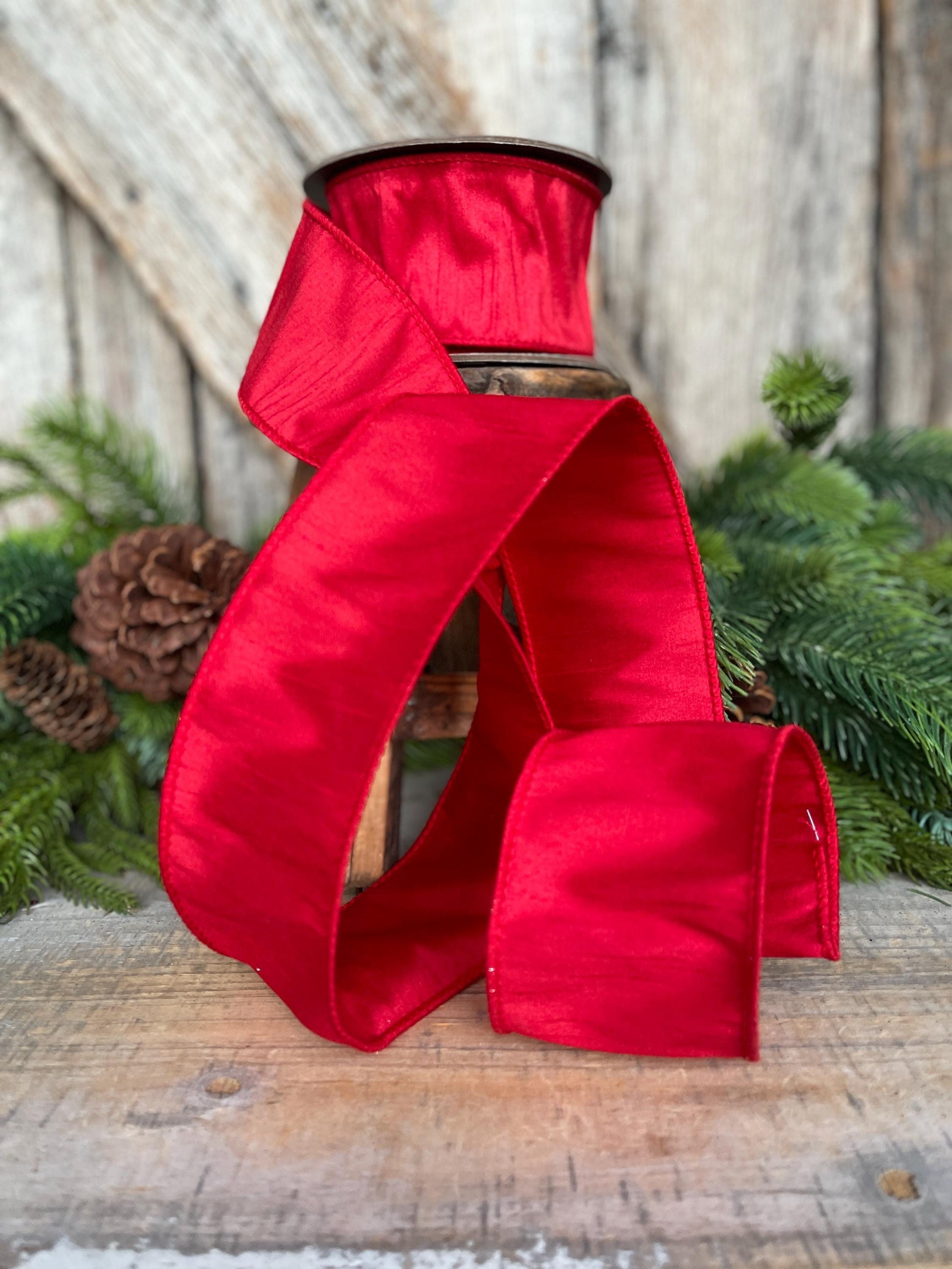 2.5" Red Dupion Ribbon, Red Ribbon, Christmas Ribbon, Wide Ribbon, Wreath Supply
