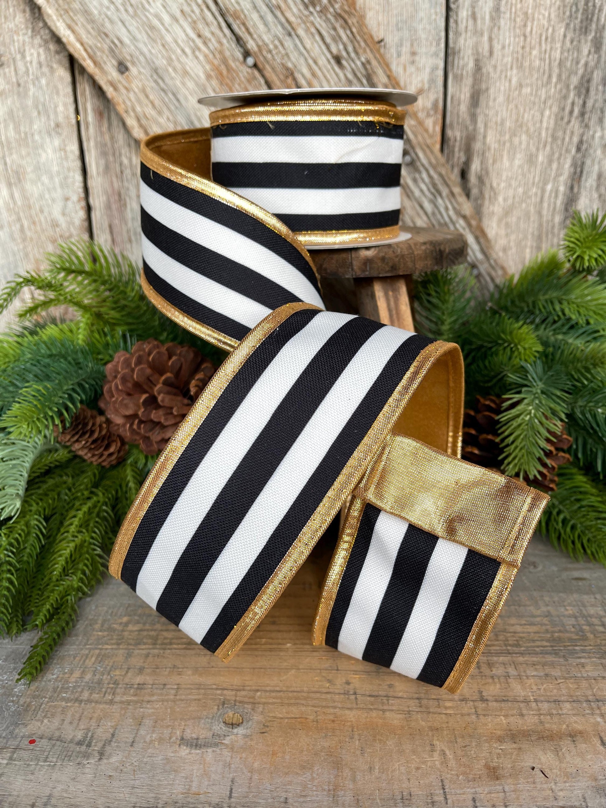 2.5 Black White Stripe Ribbon, Black White Gold Ribbon, Christmas Ribbon