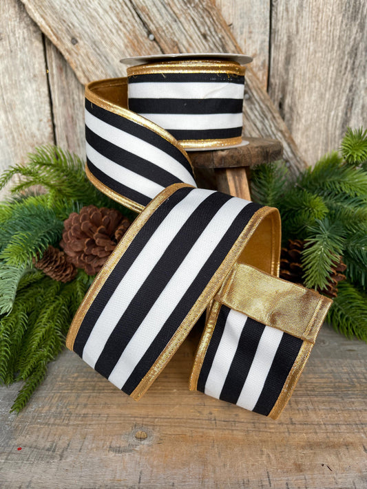 2.5 Black White Stripe Ribbon, Black White Gold Ribbon, Christmas Ribbon