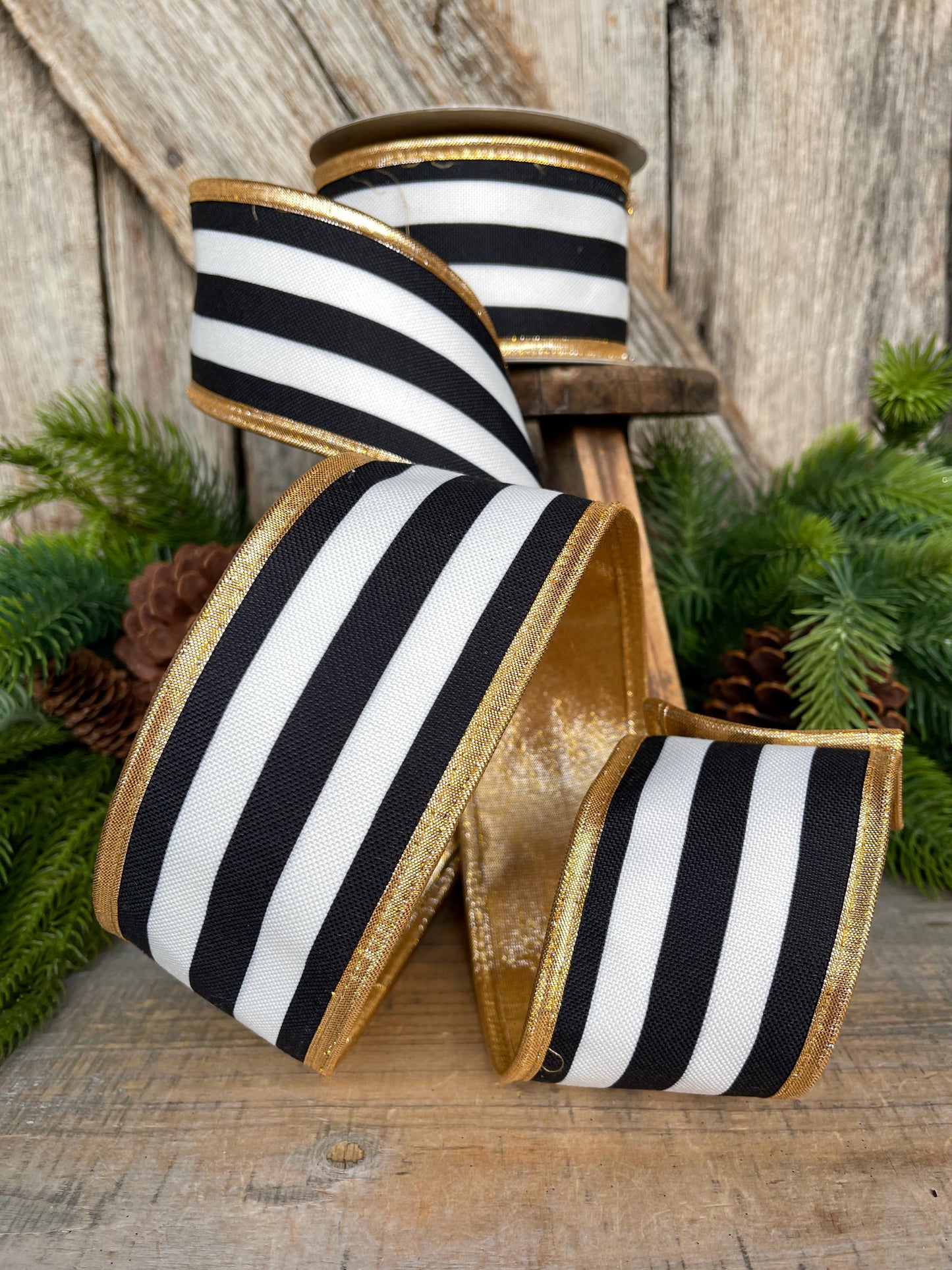 2.5 Black White Stripe Ribbon, Black White Gold Ribbon, Christmas Ribbon