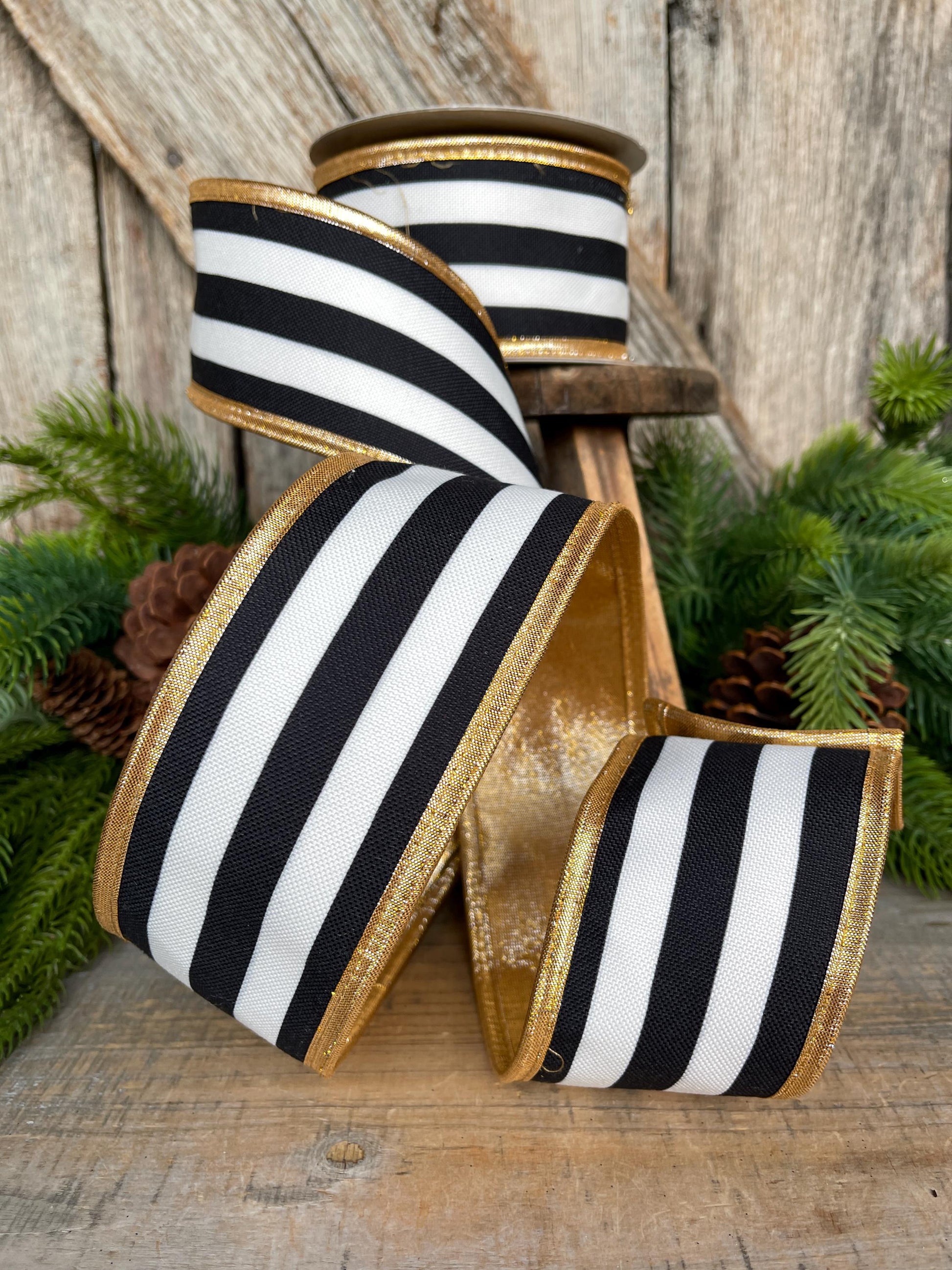 2.5 Black White Stripe Ribbon, Black White Gold Ribbon, Christmas Ribbon
