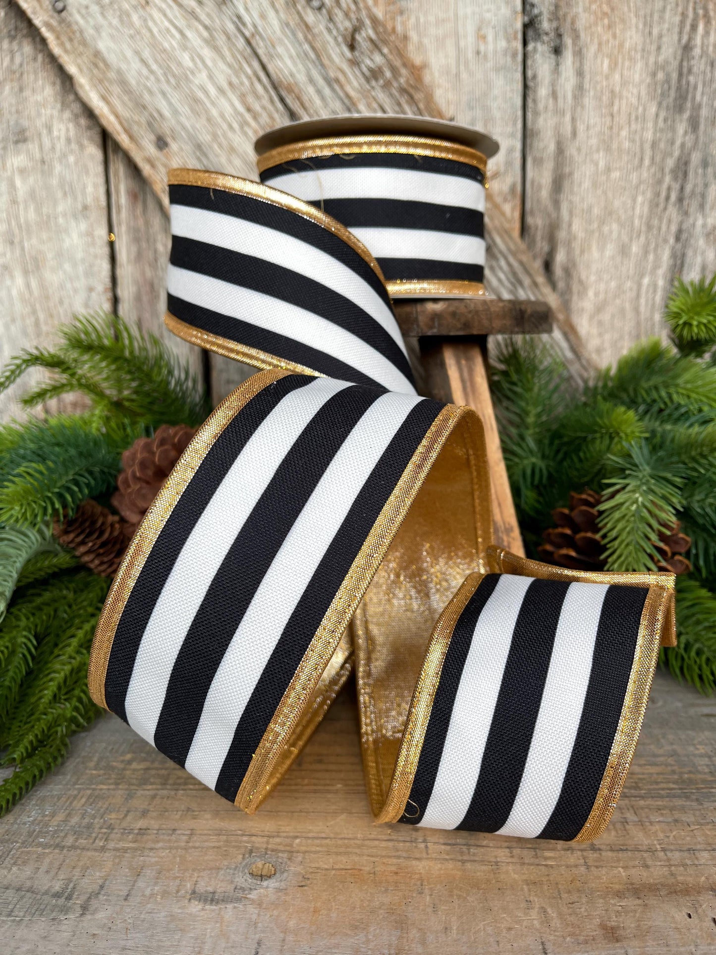 2.5 Black White Stripe Ribbon, Black White Gold Ribbon, Christmas Ribbon