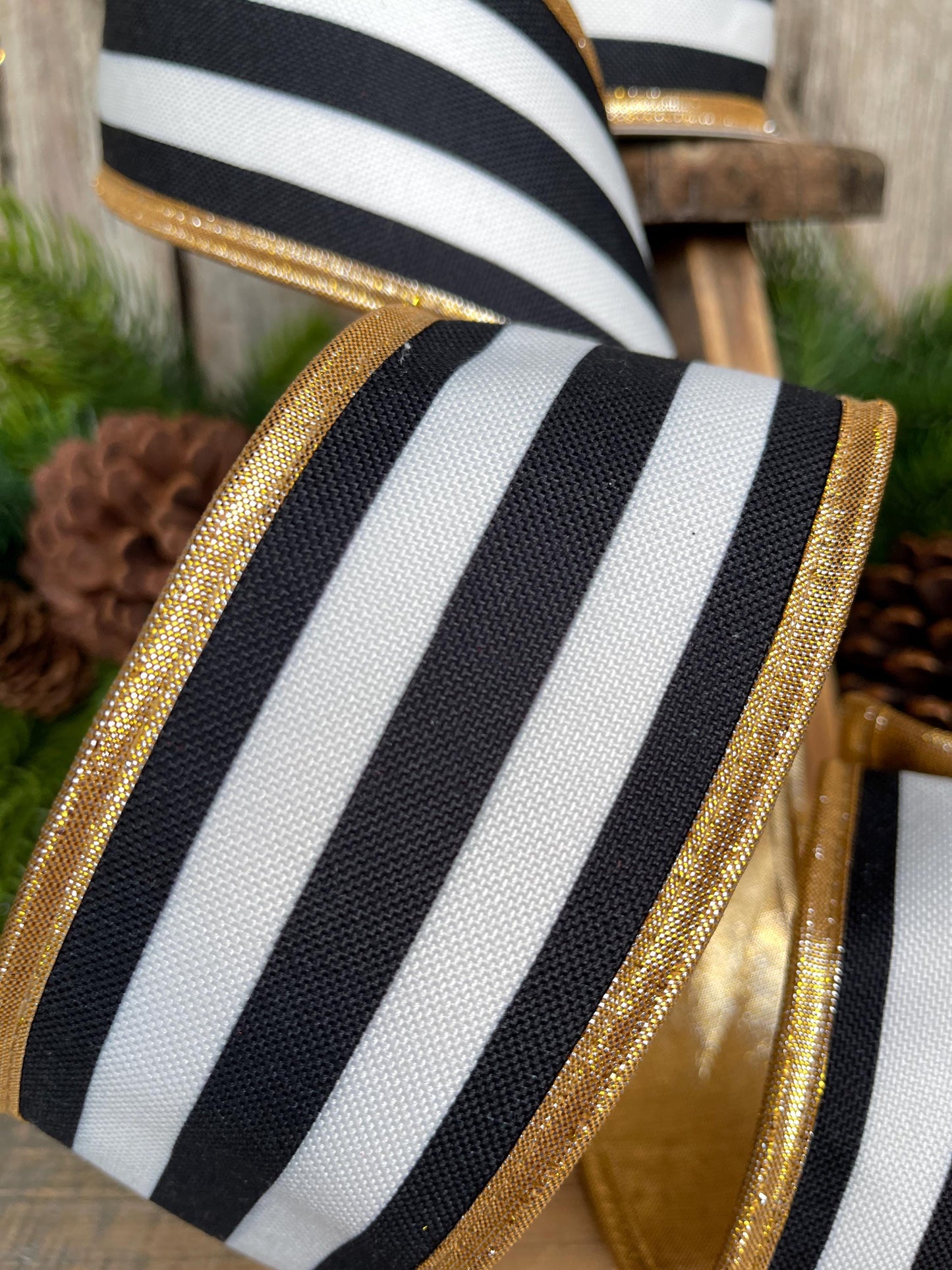 2.5 Black White Stripe Ribbon, Black White Gold Ribbon, Christmas Ribbon