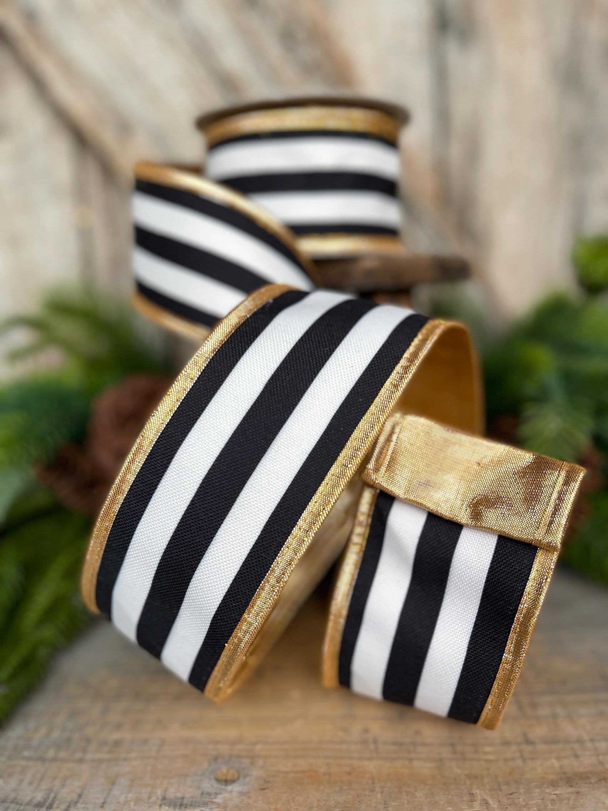 2.5 Black White Stripe Ribbon, Black White Gold Ribbon, Christmas Ribbon