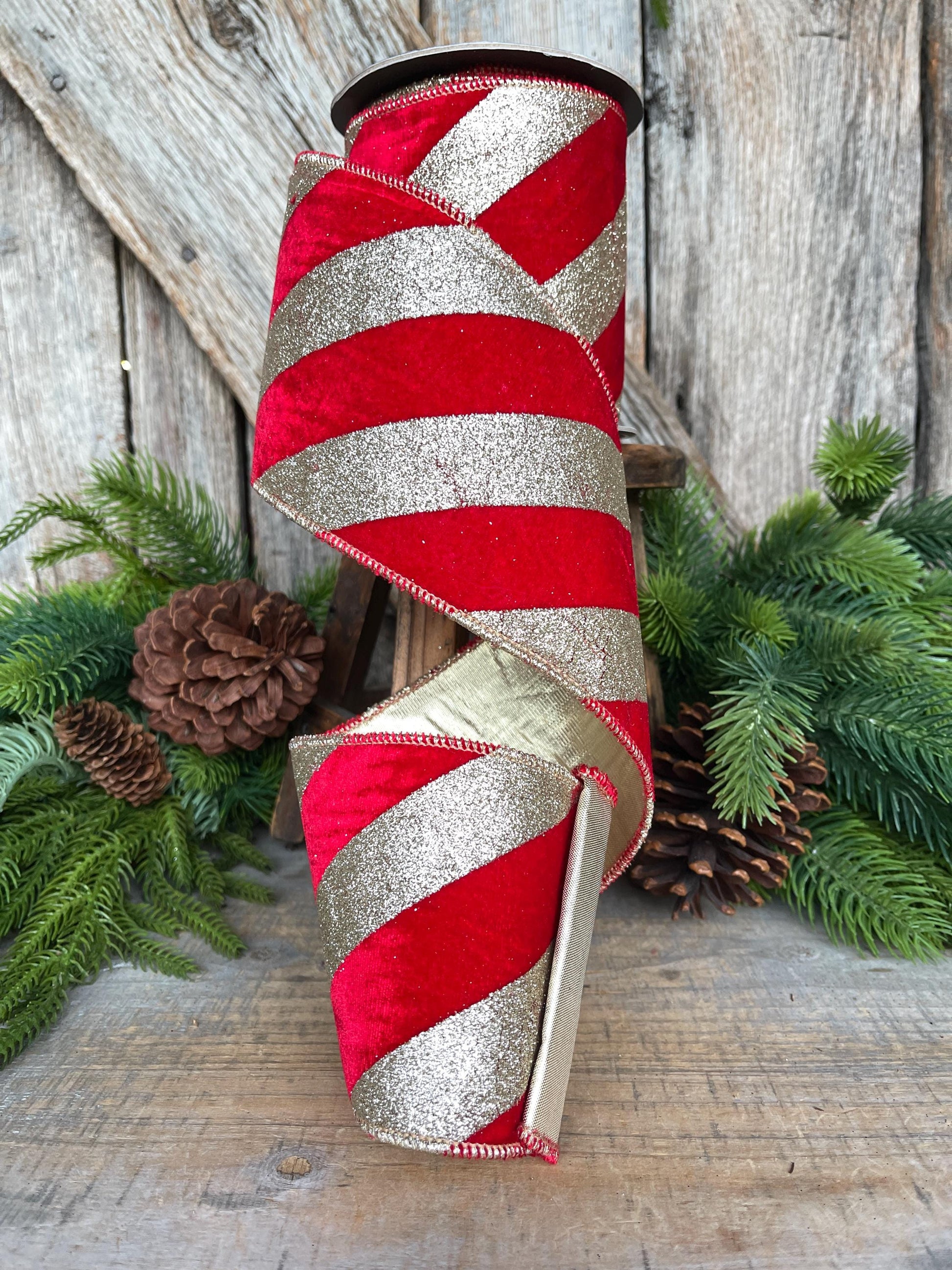 4" Red Gold Ribbon Diagonal Stripe, Christmas Tree Ribbon, Red Velvet Ribbon