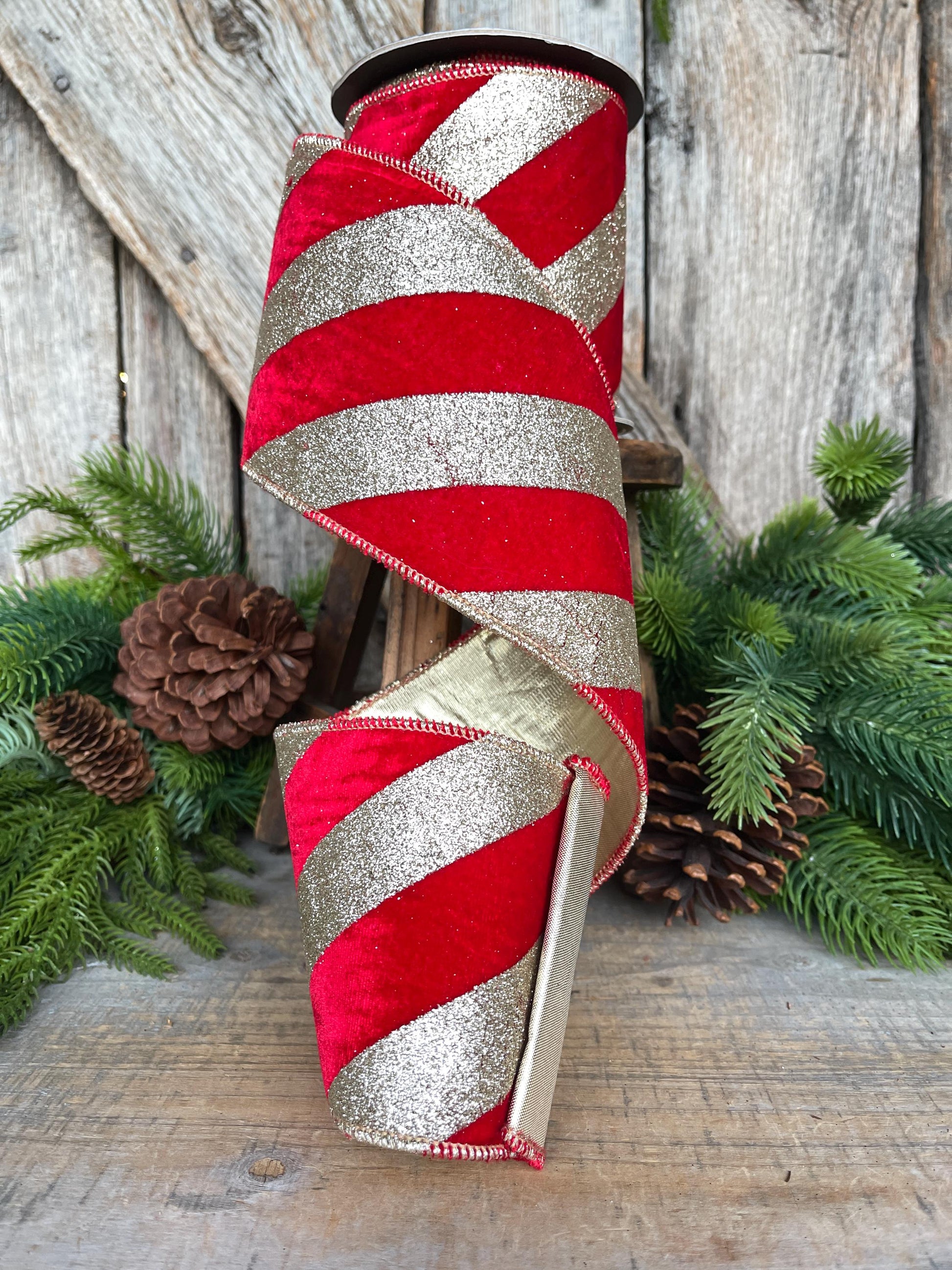 4" Red Gold Ribbon Diagonal Stripe, Christmas Tree Ribbon, Red Velvet Ribbon