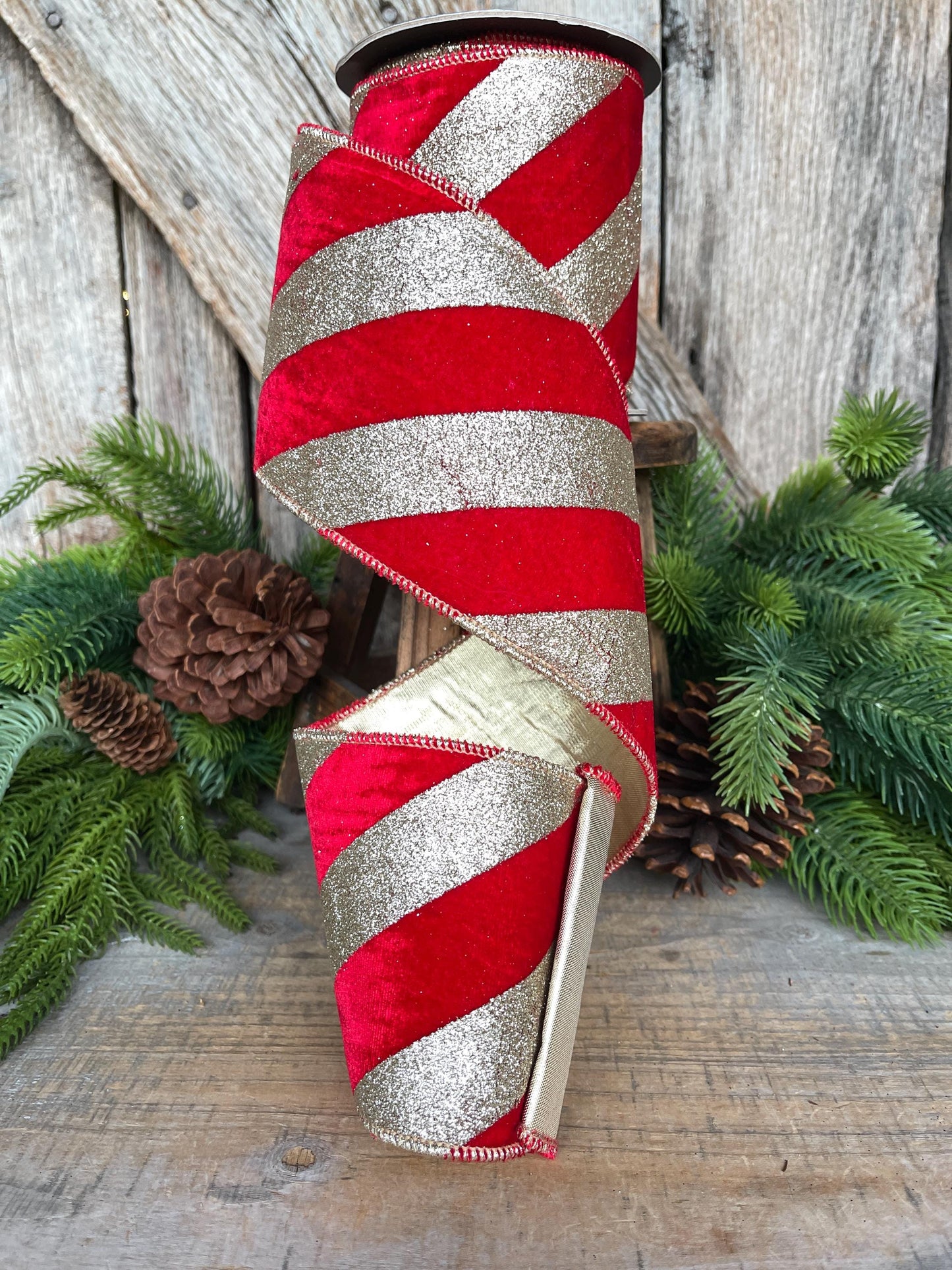 4" Red Gold Ribbon Diagonal Stripe, Christmas Tree Ribbon, Red Velvet Ribbon