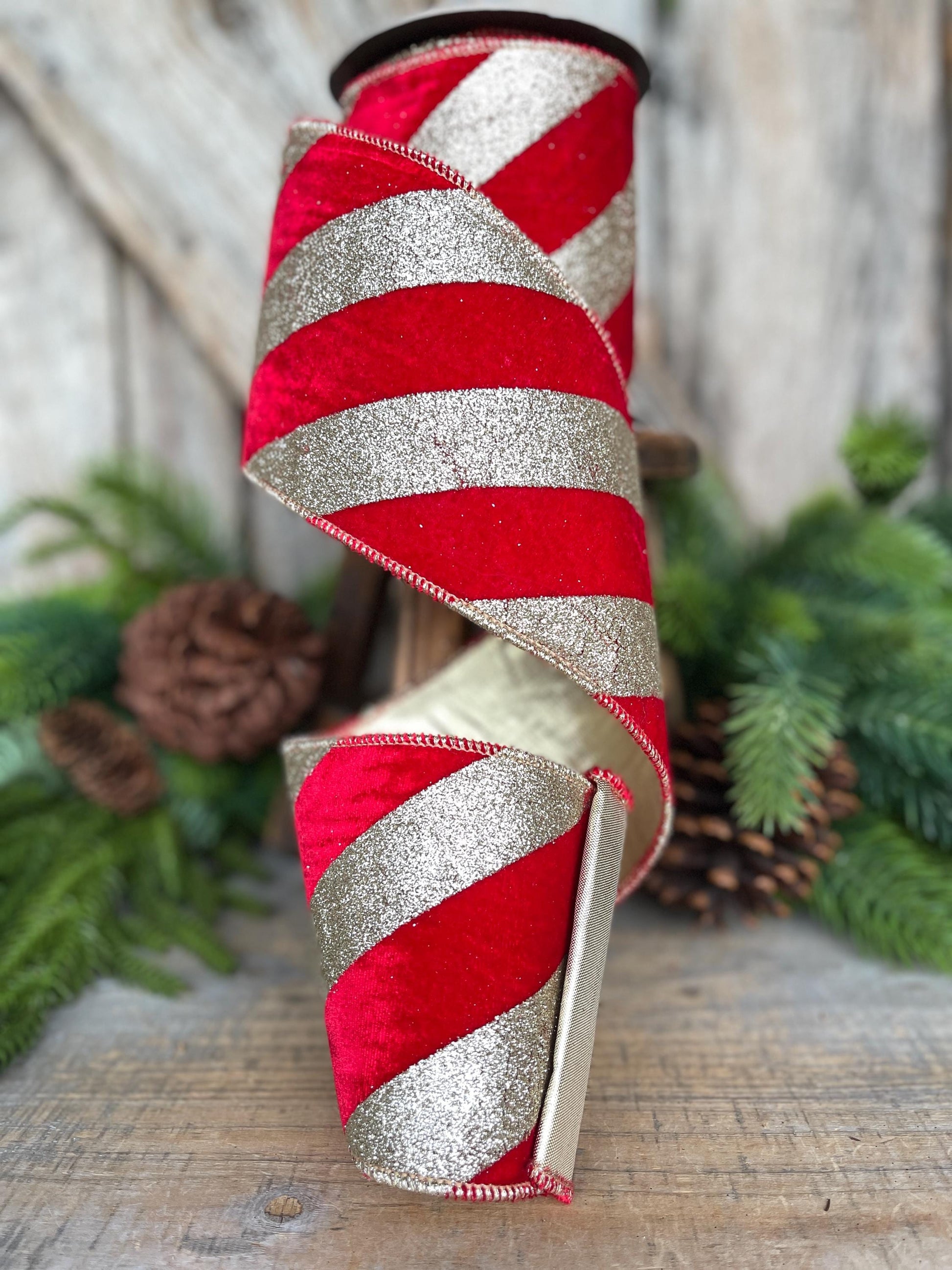 4" Red Gold Ribbon Diagonal Stripe, Christmas Tree Ribbon, Red Velvet Ribbon