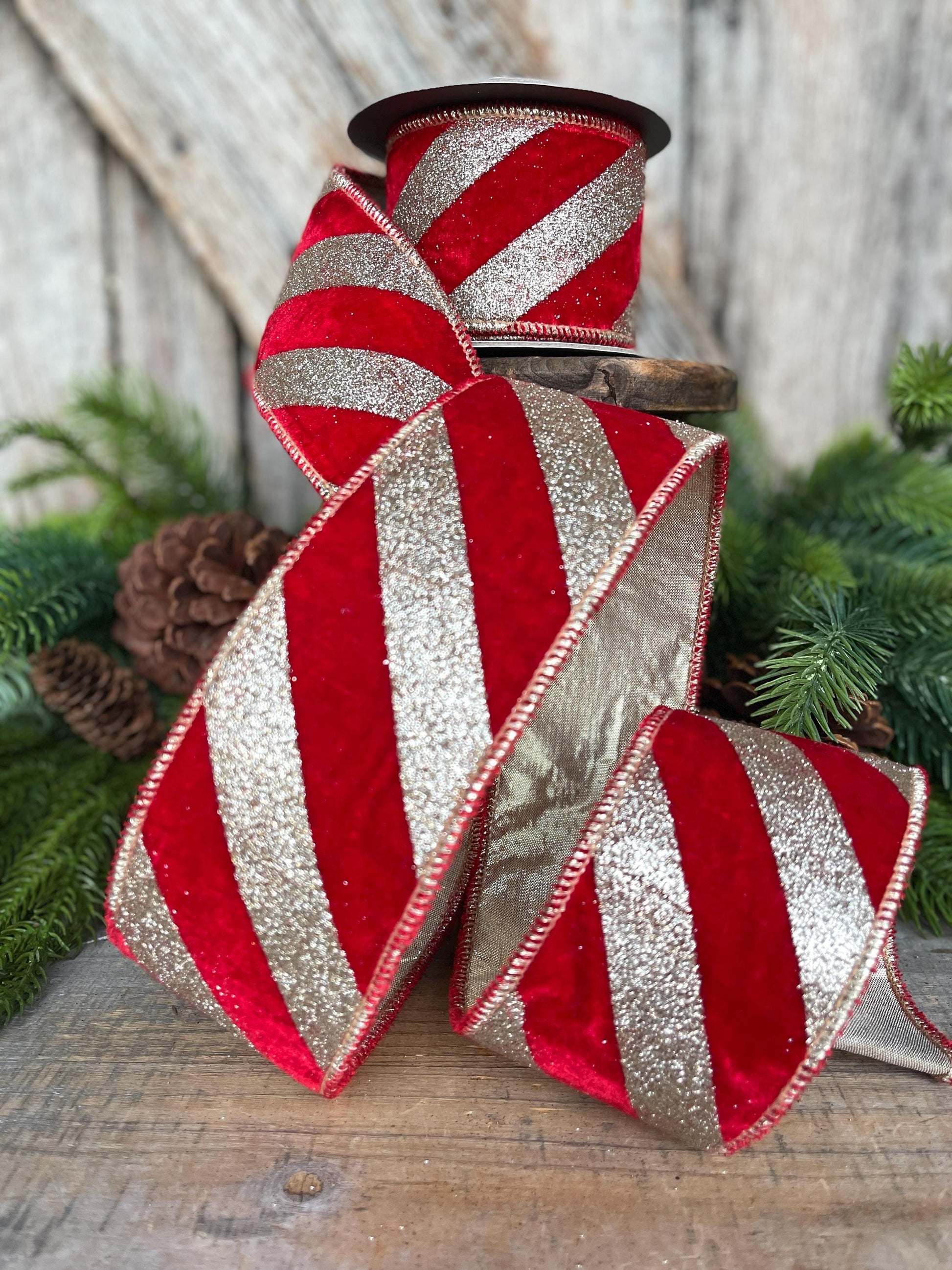 2.5" Red Gold Ribbon Diagonal Stripe, Christmas Tree Ribbon, Red Velvet Ribbon