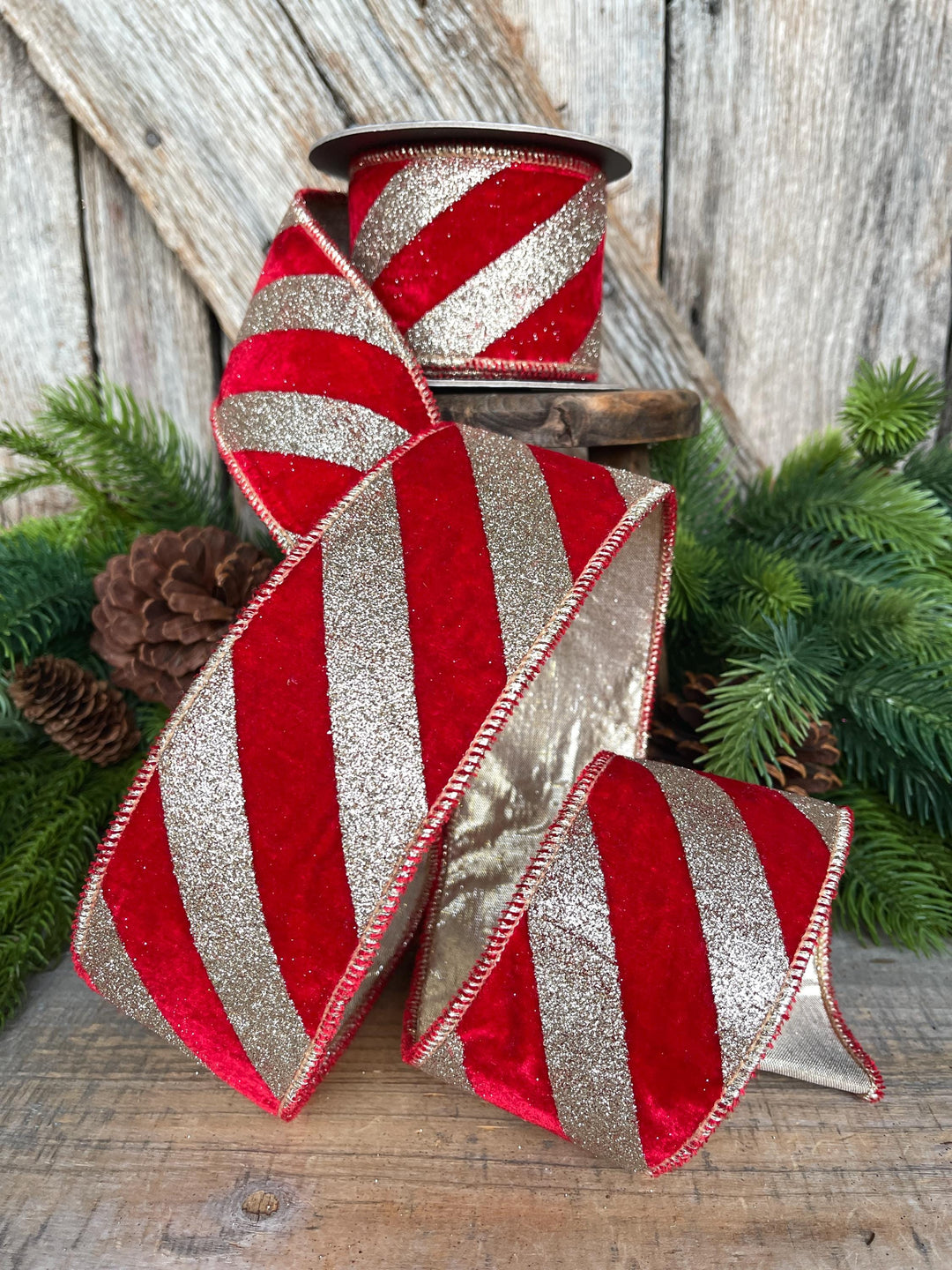 2.5" Red Gold Ribbon Diagonal Stripe, Christmas Tree Ribbon, Red Velvet Ribbon