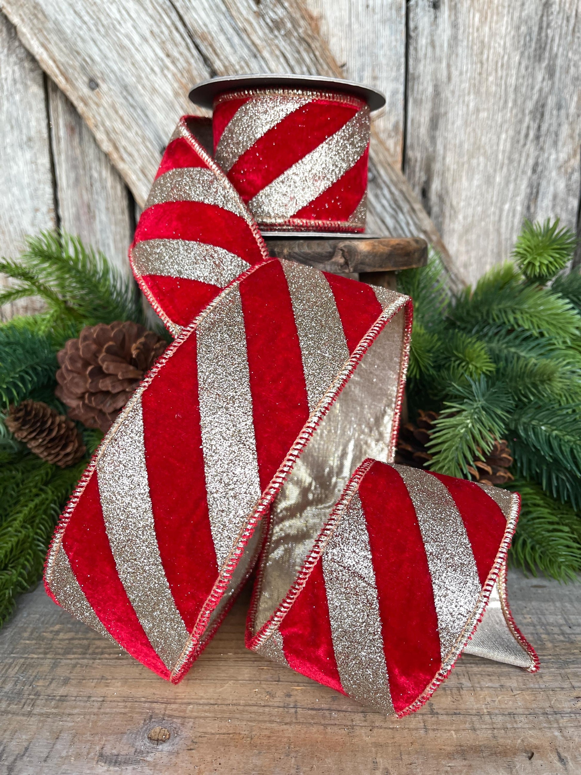 2.5" Red Gold Ribbon Diagonal Stripe, Christmas Tree Ribbon, Red Velvet Ribbon