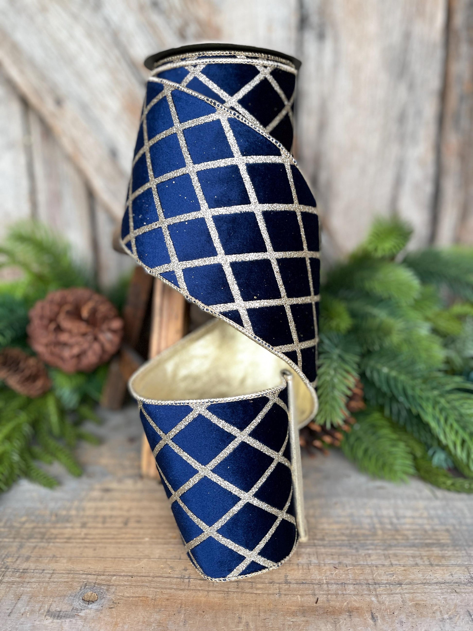 Navy Blue Gold Lattice Ribbon, Navy Blue Gold Lattice Ribbon Christmas Tree & Holiday Decor