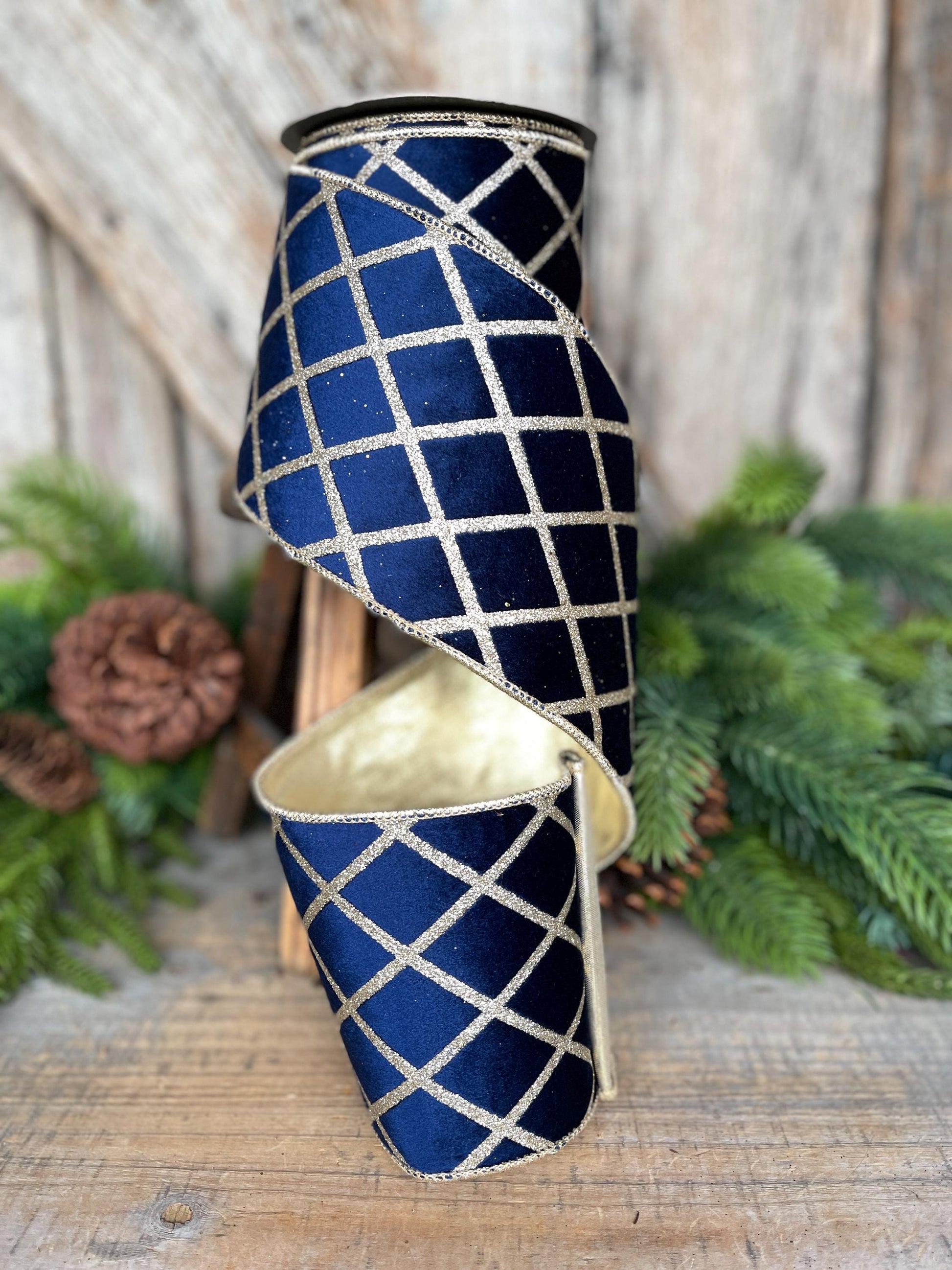 Navy Blue Gold Lattice Ribbon, Navy Blue Gold Lattice Ribbon Christmas Tree & Holiday Decor