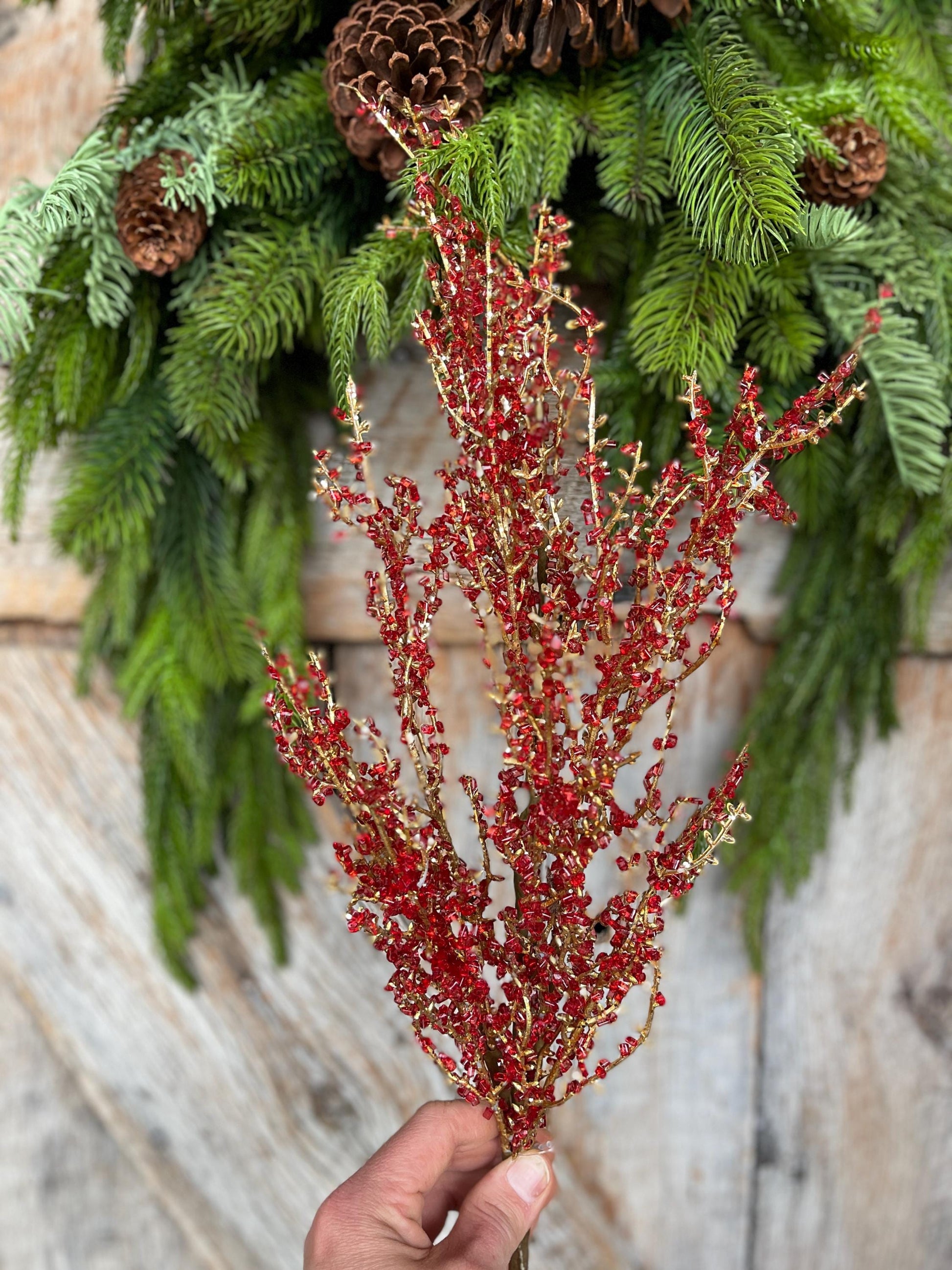 Red Iced Twig Spray, Christmas Spray for Tree, REd Jeweled Twig Floral Spray