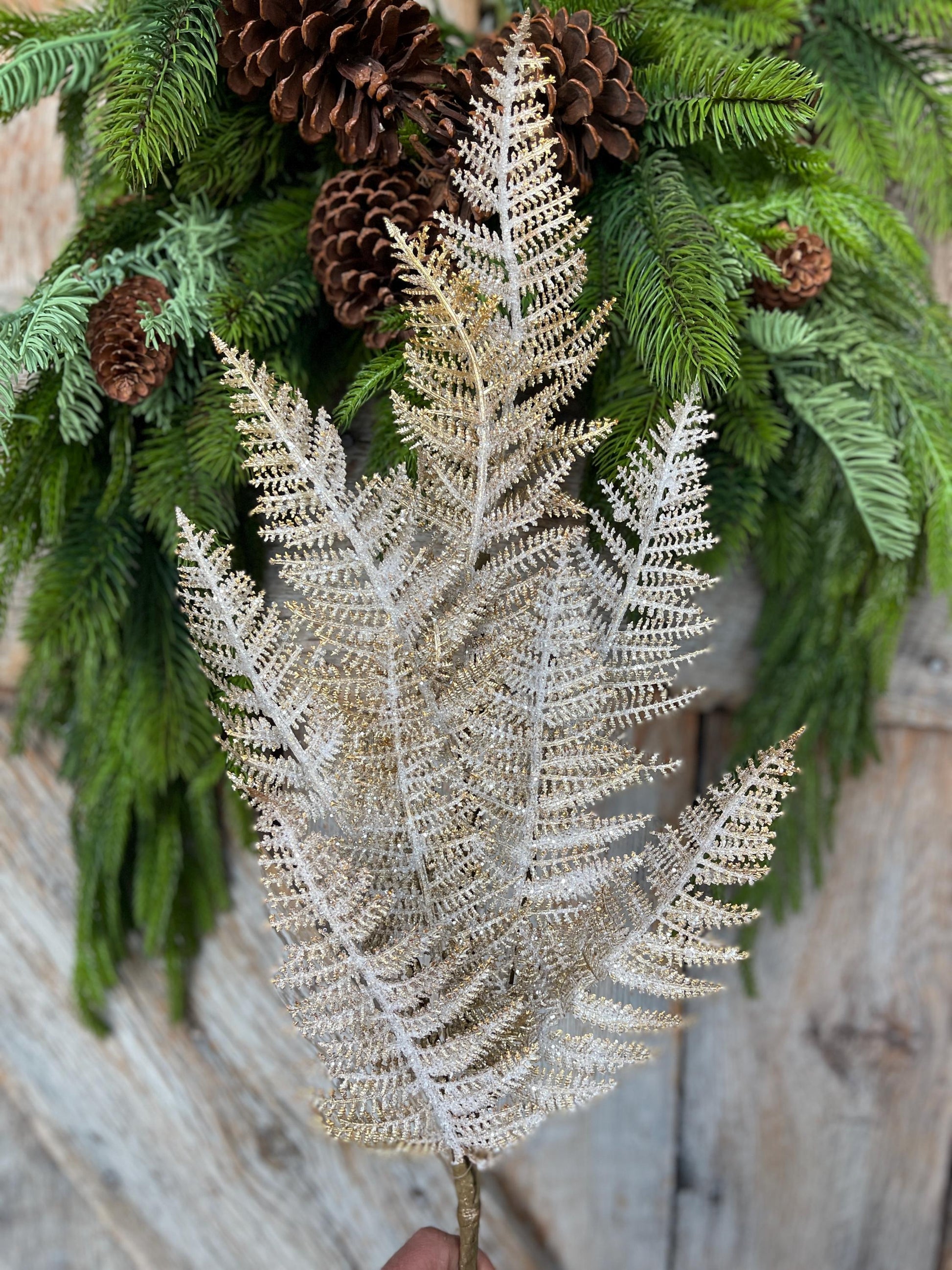 29" Gold Fern Spray, Christmas Fern Spray, Frosted Fern