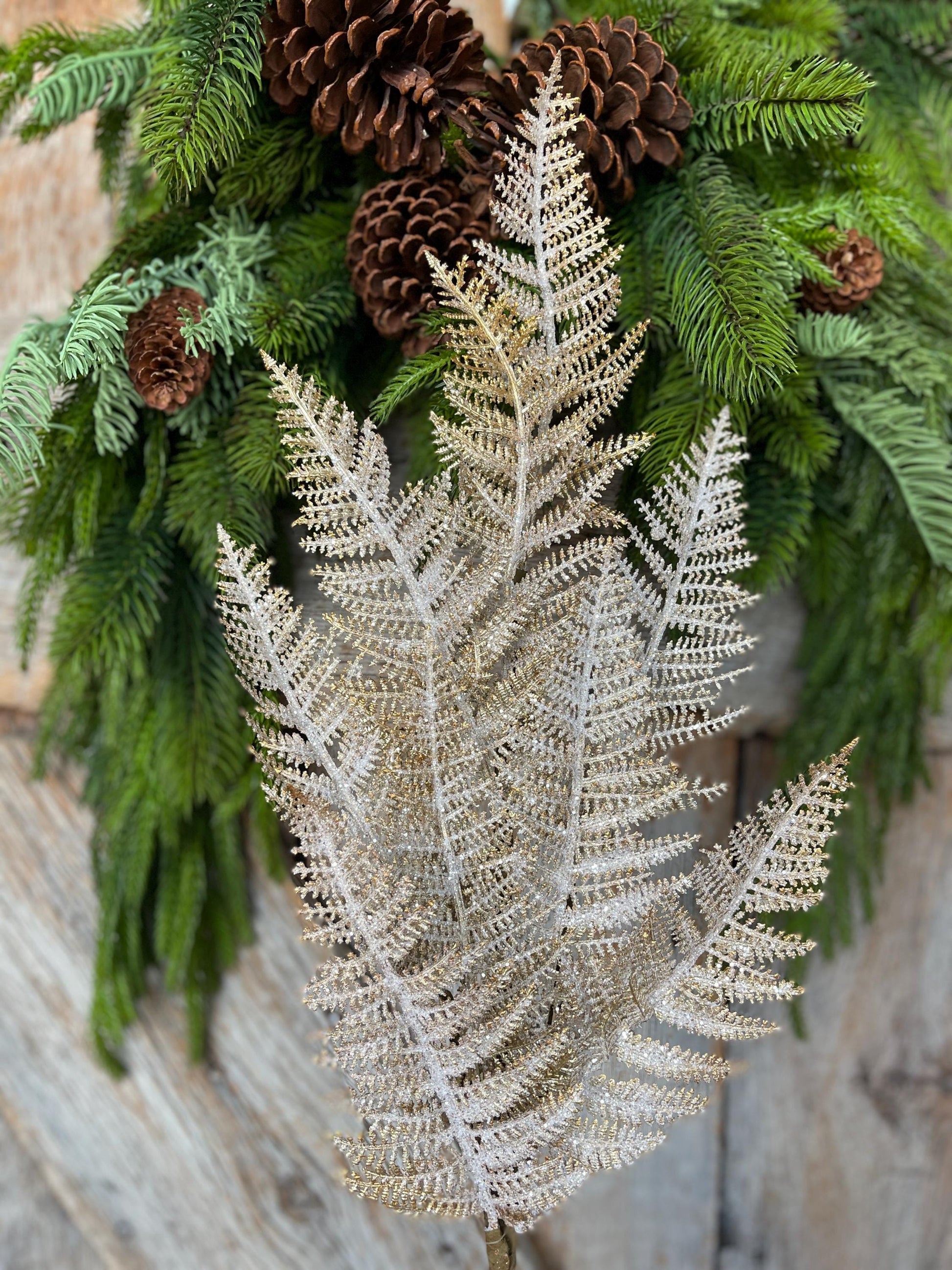 29" Gold Fern Spray, Christmas Fern Spray, Frosted Fern