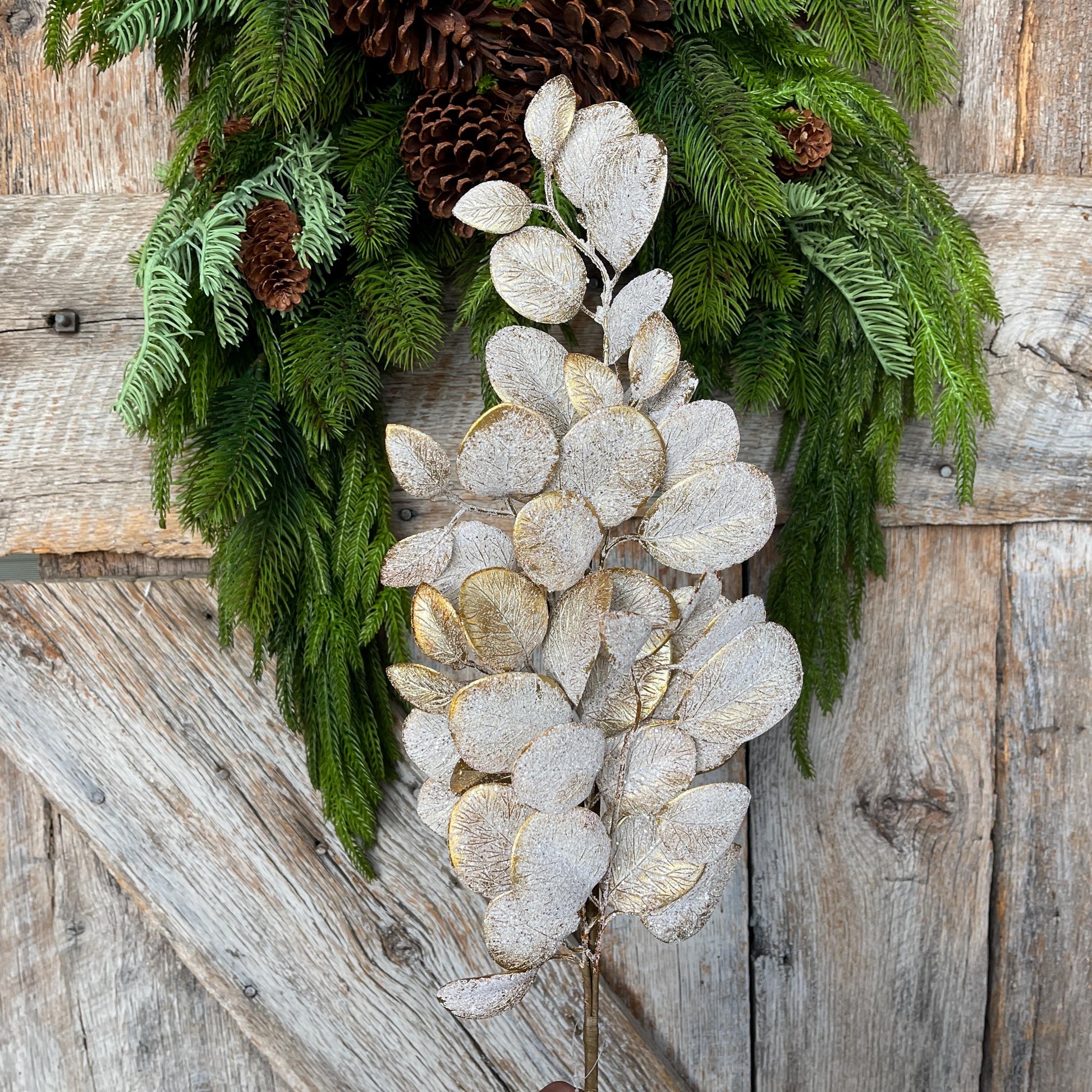 29" Gold Eucalyptus Spray, Christmas Eucalyptus Spray, Frosted Eucalyptus