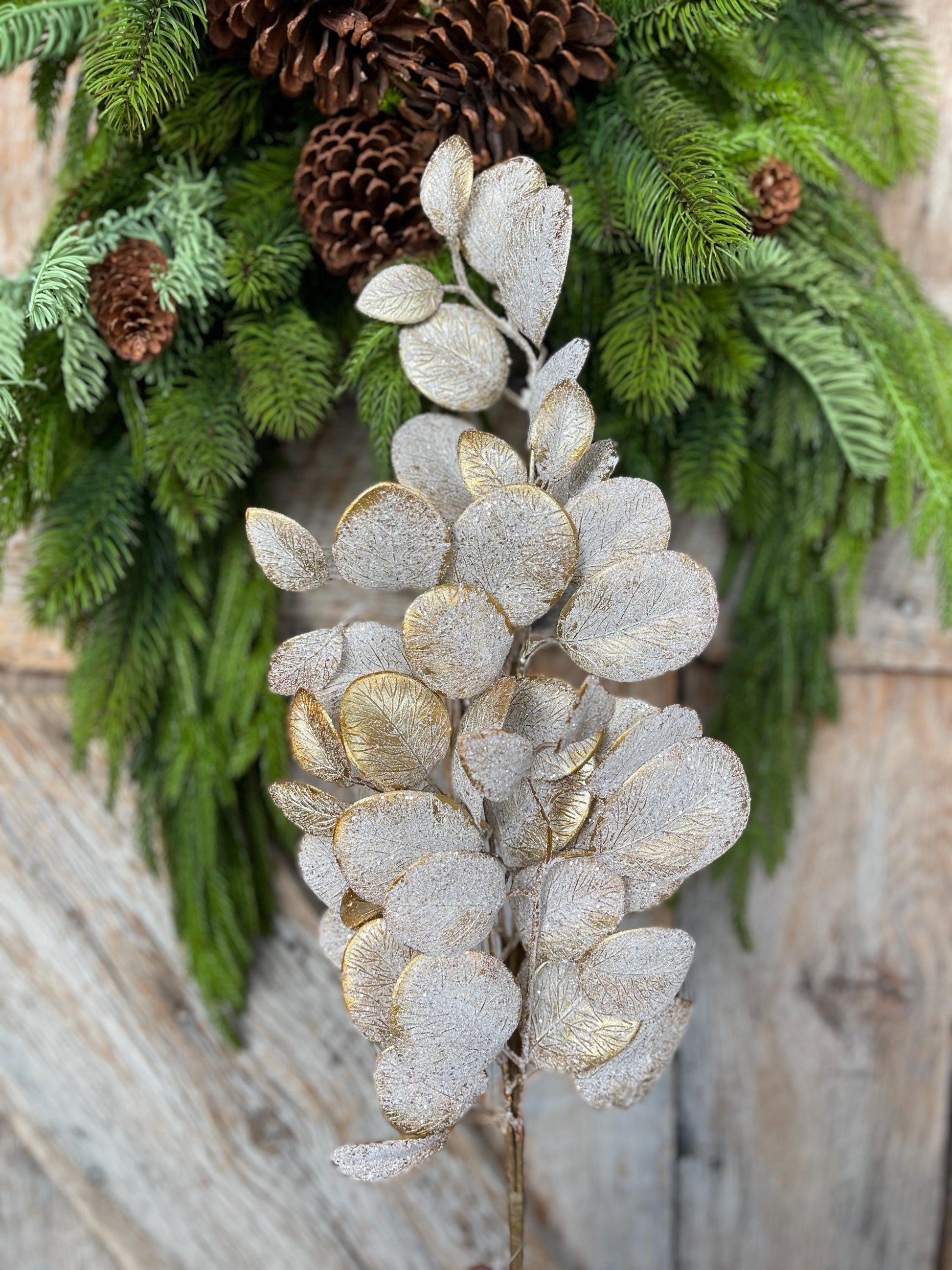 29" Gold Eucalyptus Spray, Christmas Eucalyptus Spray, Frosted Eucalyptus