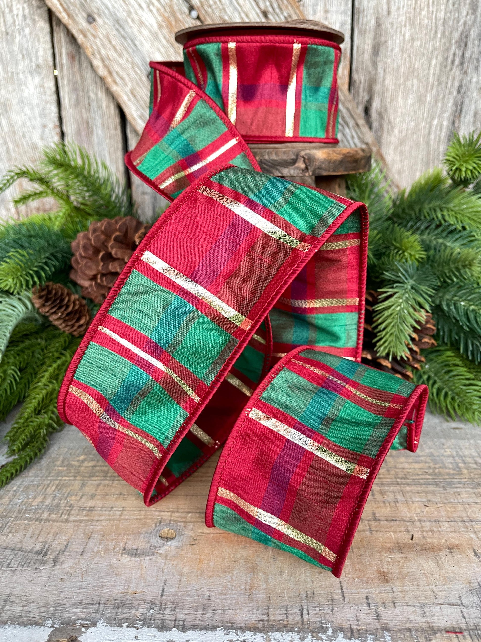 2.5" Christmas Plaid Ribbon, Red Green Gold Plaid Ribbon, Traditional Christmas Ribbon, Wired RIbbon, Classic Christmas Plaid Ribbon