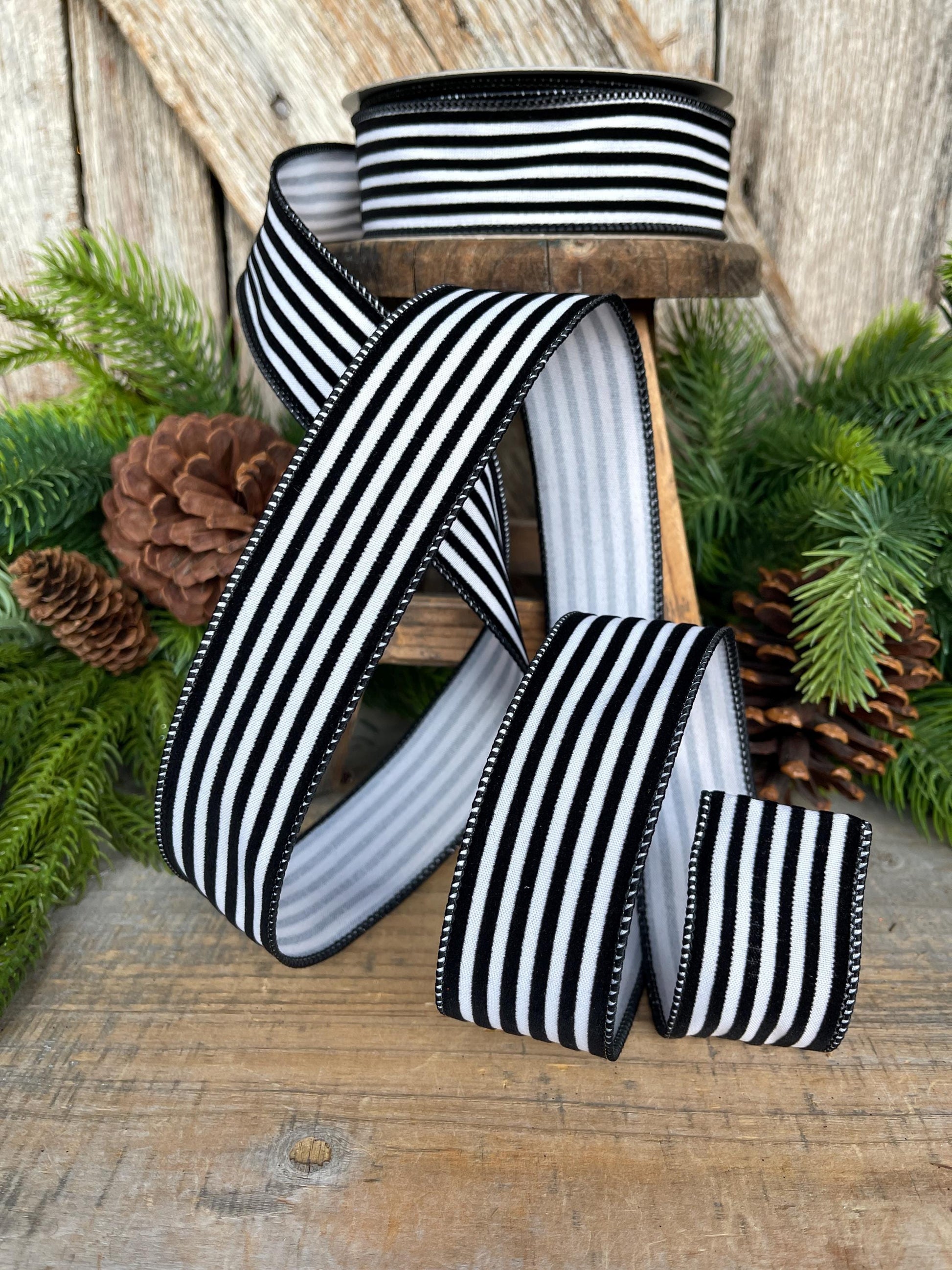 1.5" Black White Stripes Ribbon, Farrisilk Ribbon, Designer Ribbon, Christmas Ribbon, Wired RIbbon, Wreath supply, RS109-92