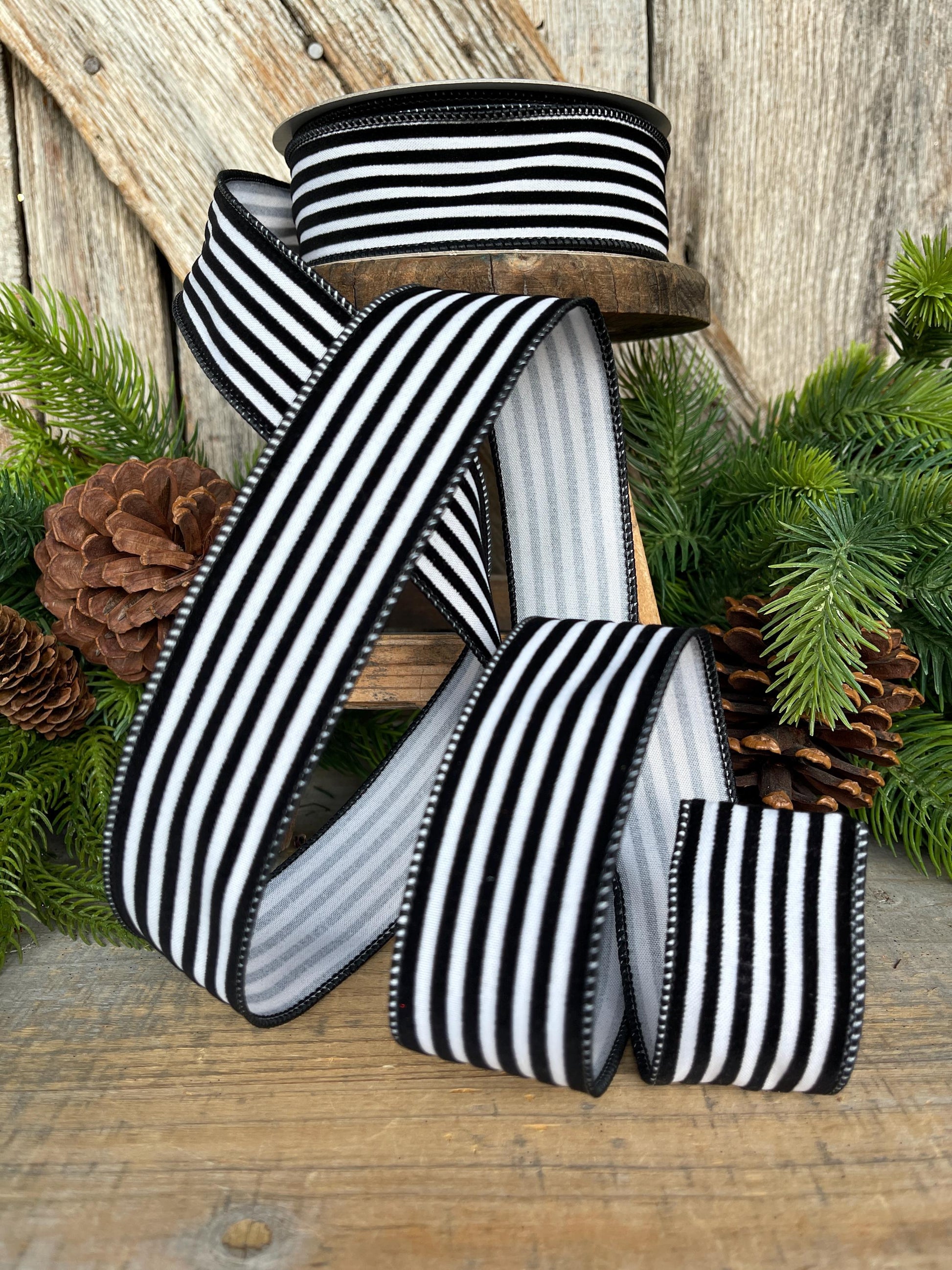 1.5" Black White Stripes Ribbon, Farrisilk Ribbon, Designer Ribbon, Christmas Ribbon, Wired RIbbon, Wreath supply, RS109-92