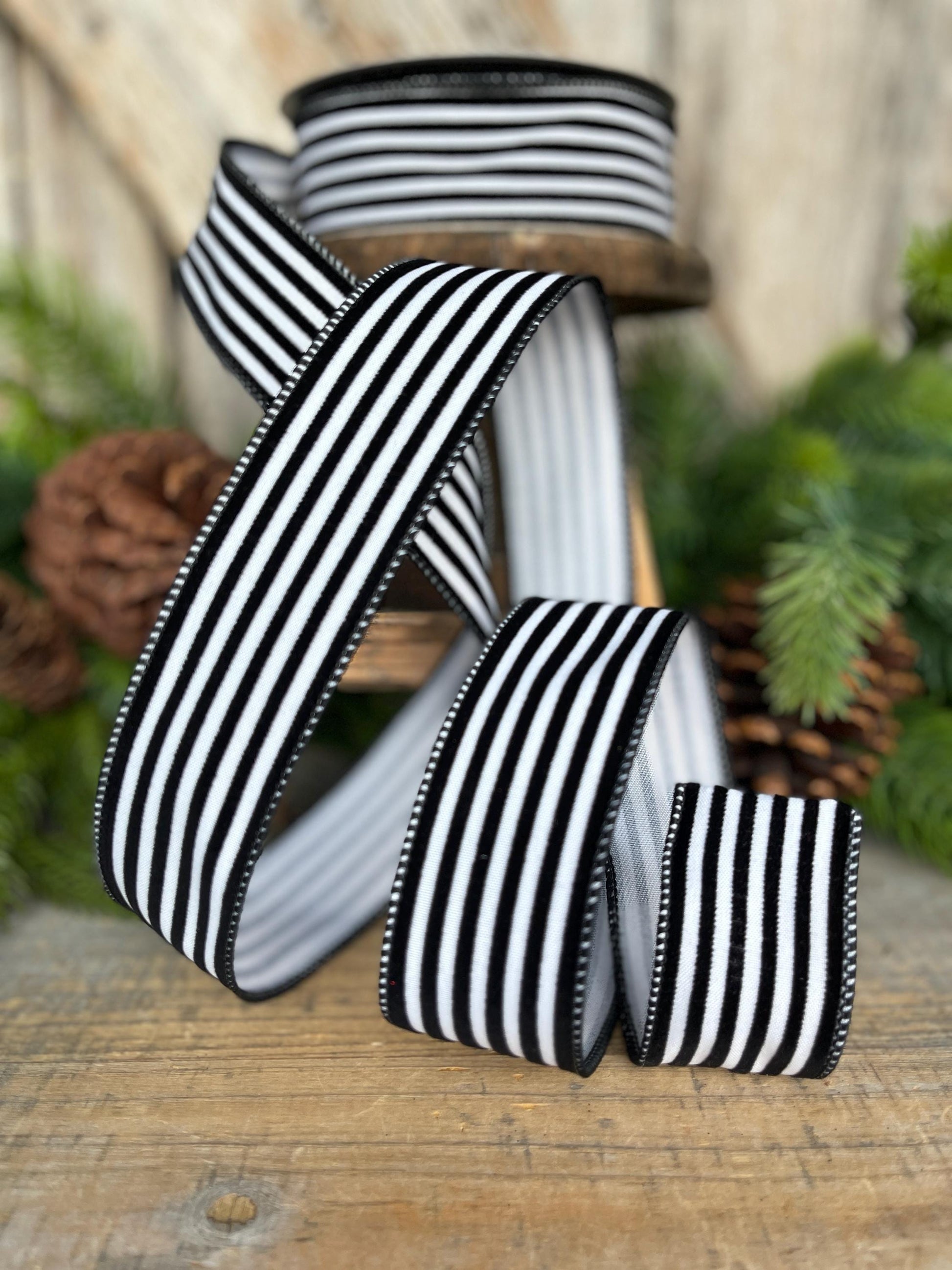 1.5" Black White Stripes Ribbon, Farrisilk Ribbon, Designer Ribbon, Christmas Ribbon, Wired RIbbon, Wreath supply, RS109-92