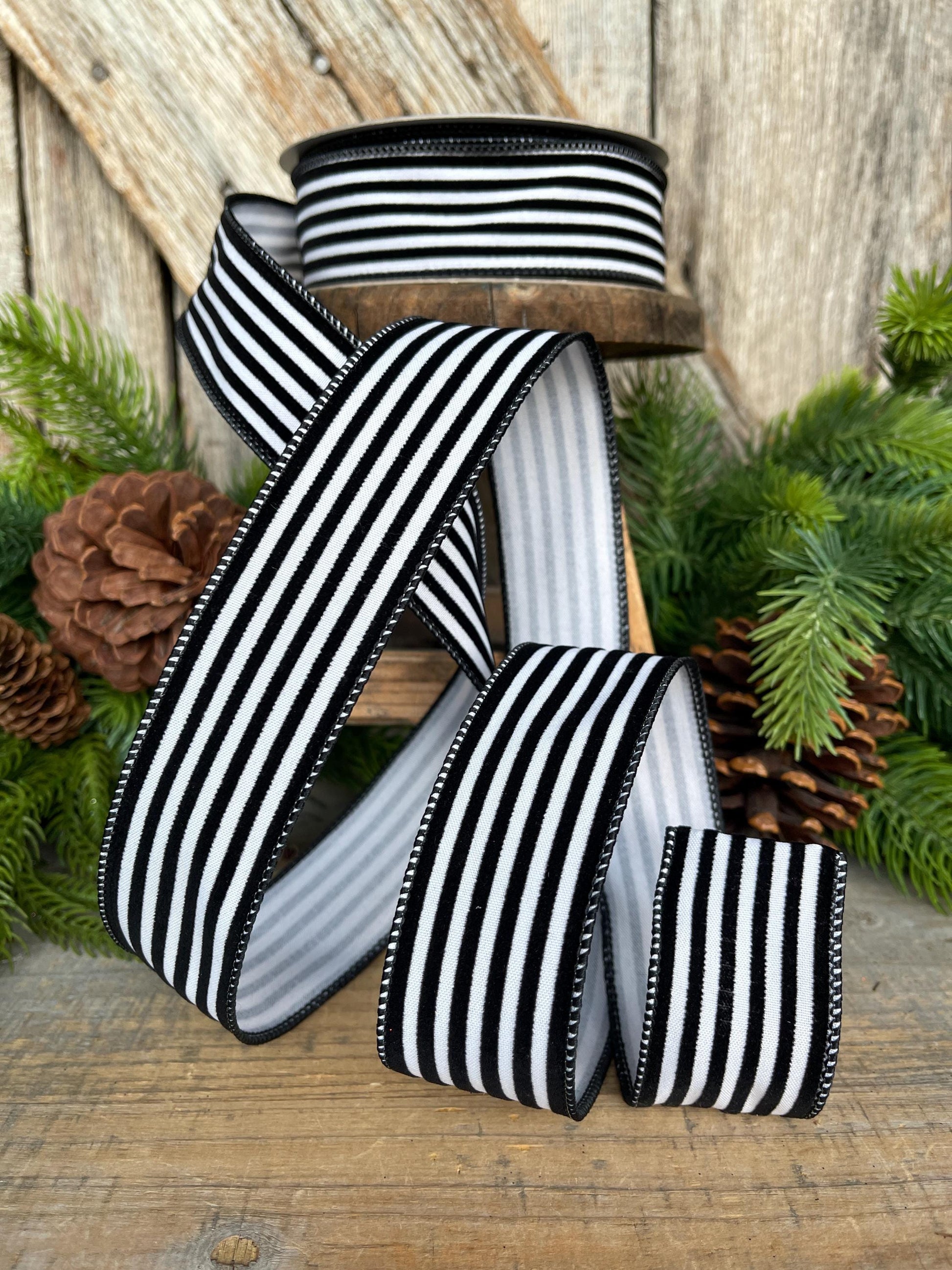 1.5" Black White Stripes Ribbon, Farrisilk Ribbon, Designer Ribbon