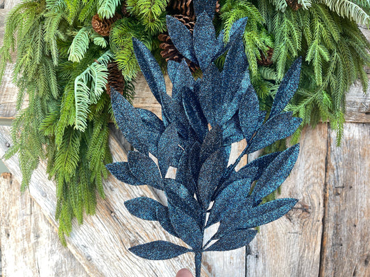 23" Navy Blue Bay Leaf Glitter Spray, Burgundy Blue Spray, Christmas Leaf Spray