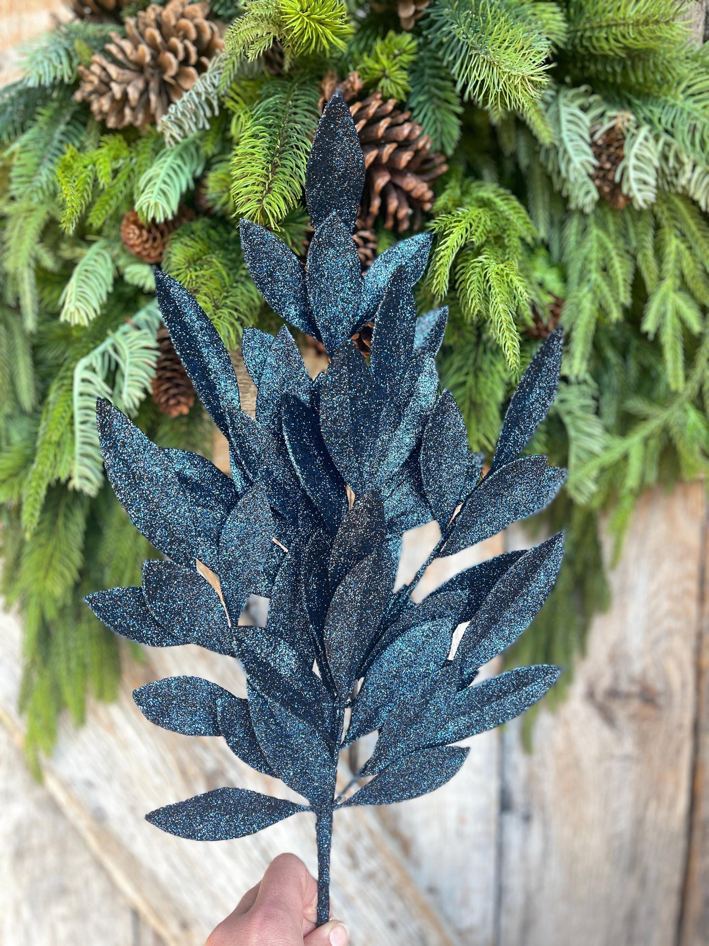 23" Navy Blue Bay Leaf Glitter Spray, Burgundy Blue Spray, Christmas Leaf Spray