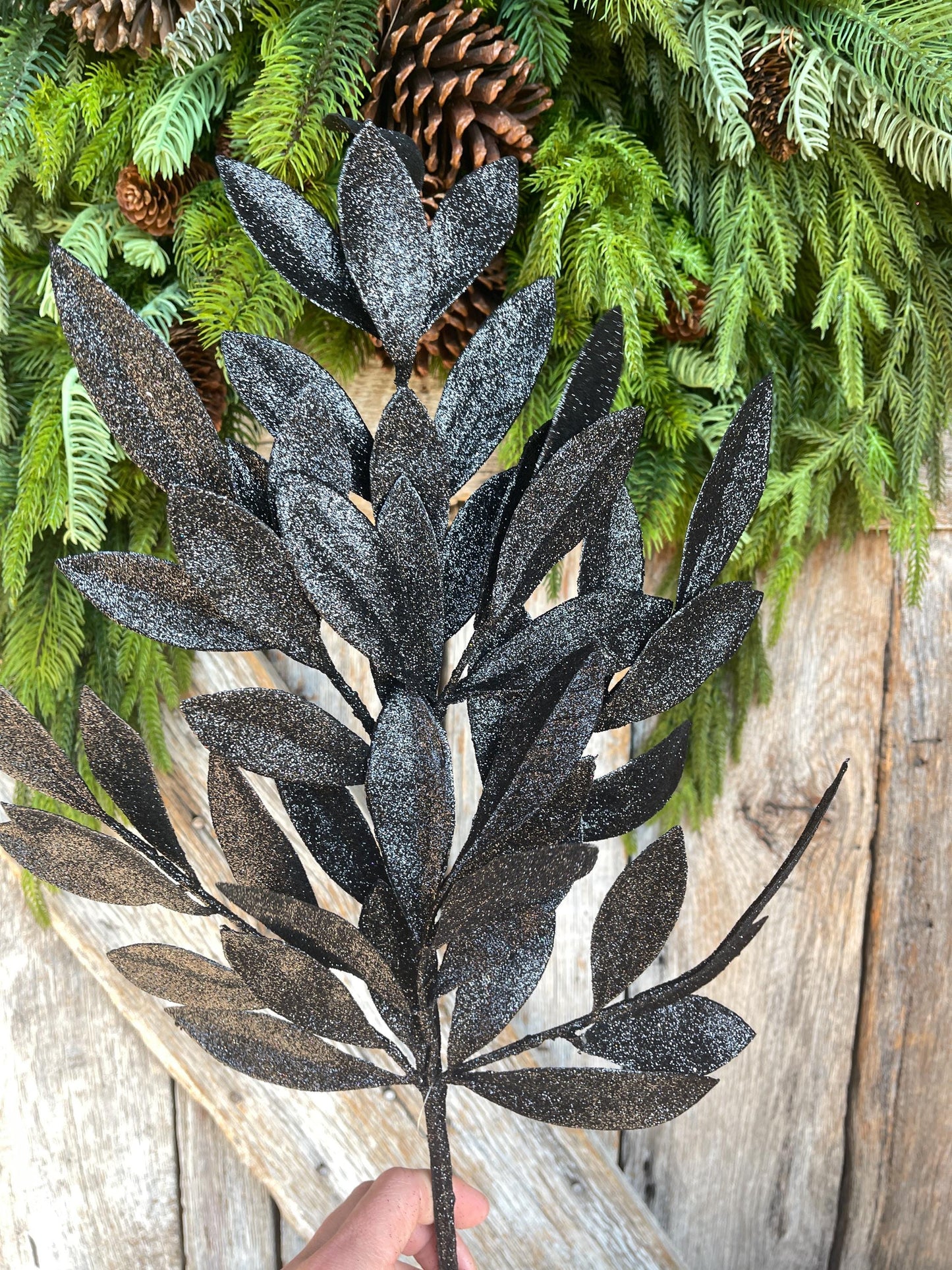23" Black Bay Leaf Glitter Spray, Black Glitter Spray, Christmas Leaf Spray