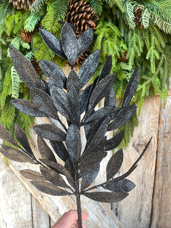 23" Black Bay Leaf Glitter Spray, Black Glitter Spray, Christmas Leaf Spray