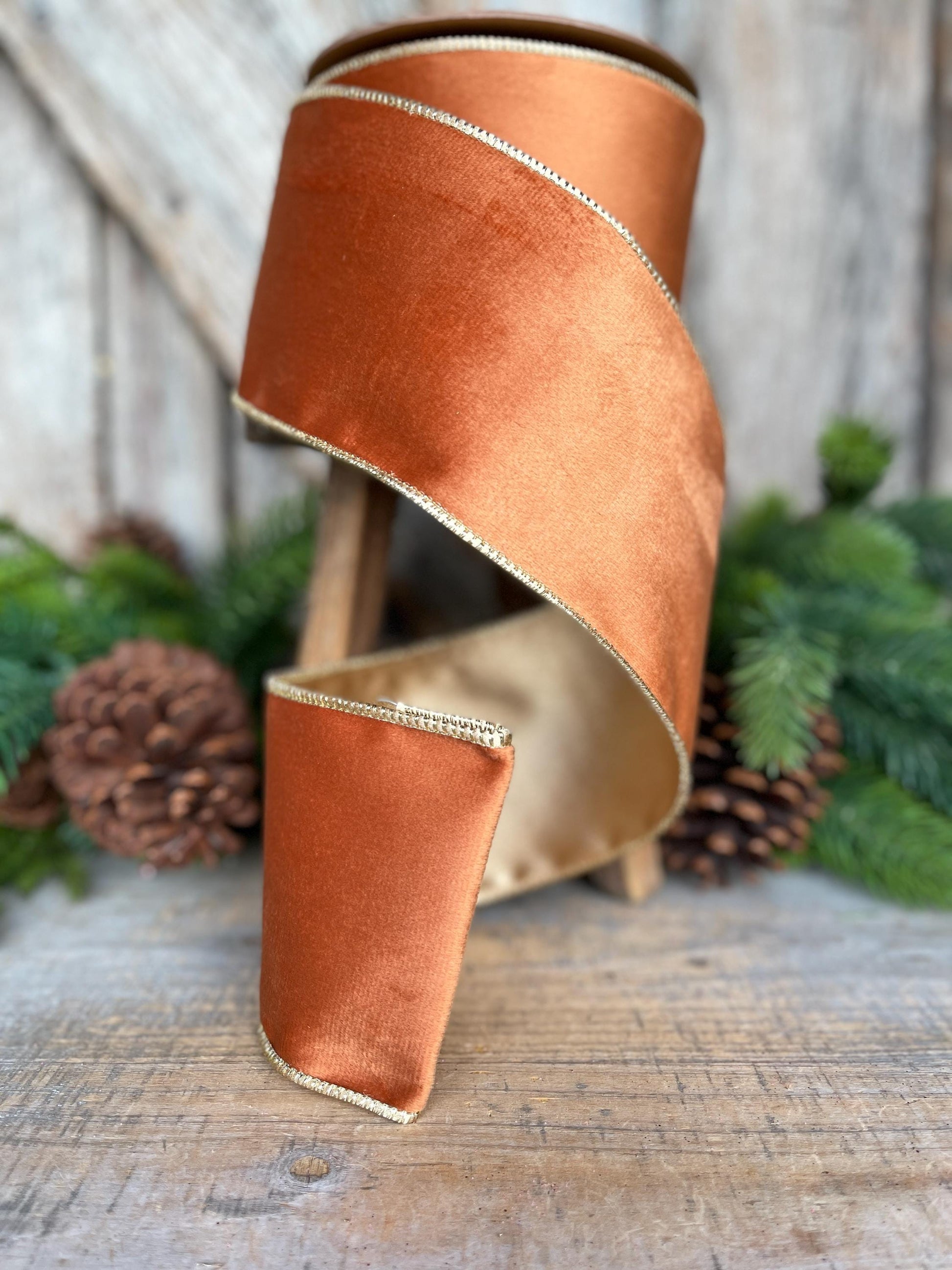 Copper Brown Velvet Wired Ribbon: 4" Fall Christmas Decor