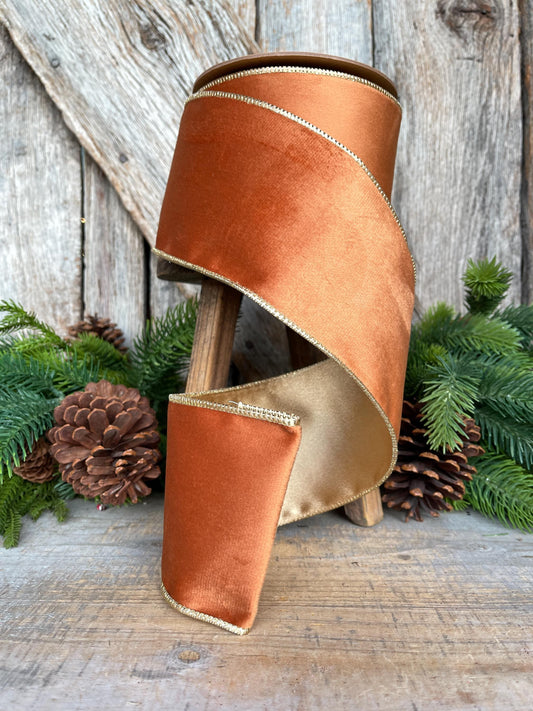 Copper Brown Velvet Wired Ribbon: 4" Fall Christmas Decor