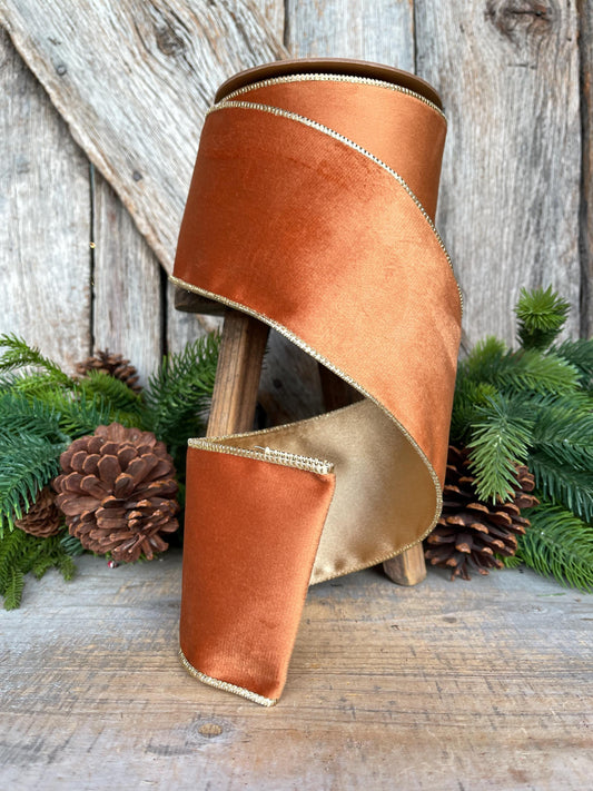 Copper Brown Velvet Wired Ribbon: 4" Fall Christmas Decor