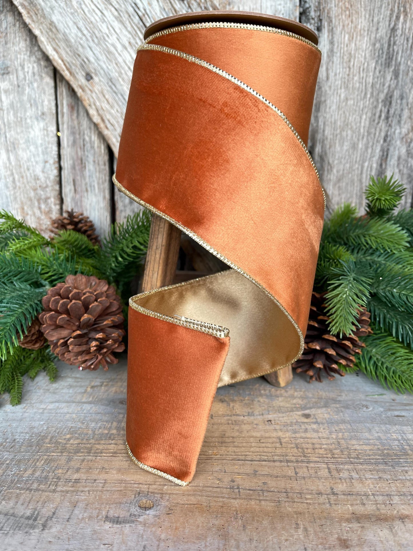 Copper Brown Velvet Wired Ribbon: 4" Fall Christmas Decor