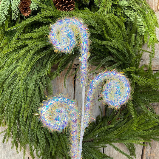 30" White Iridescent Fuzzy Curly Spray, Christmas Tree Spray