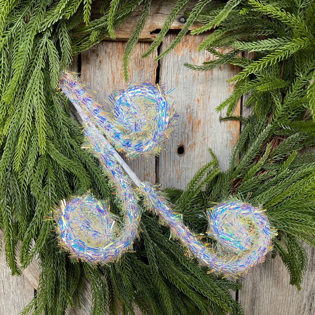 30" White Iridescent Fuzzy Curly Spray, Christmas Tree Spray