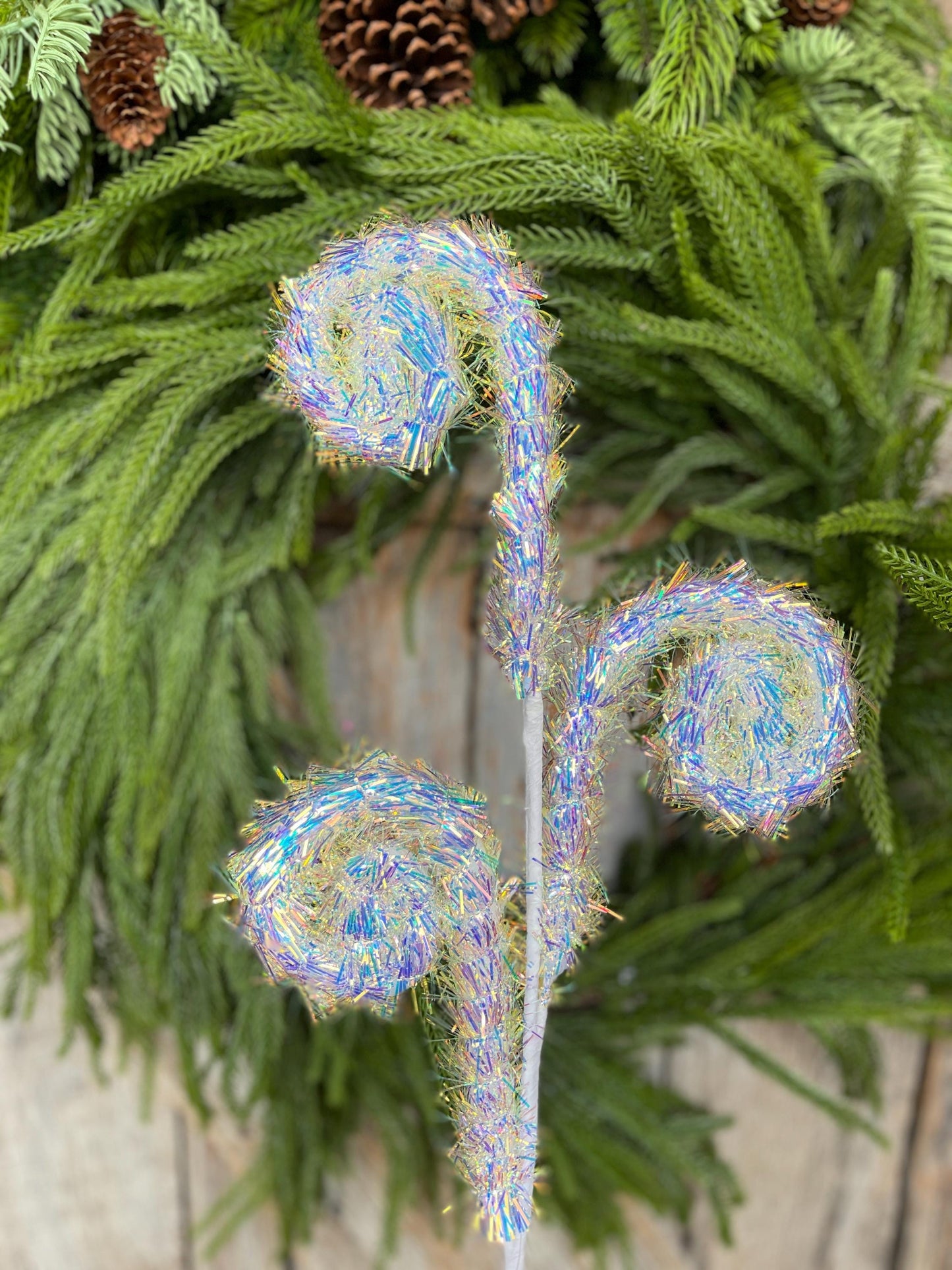 30" White Iridescent Fuzzy Curly Spray, Christmas Tree Spray