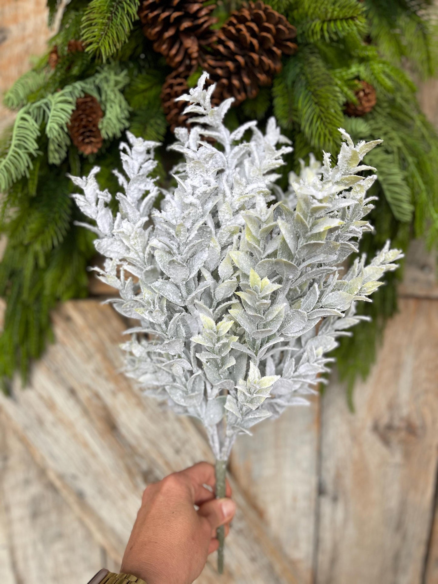 18" White Flocked Tea Leaf Greenery Bush, Christmas Greenery Bush