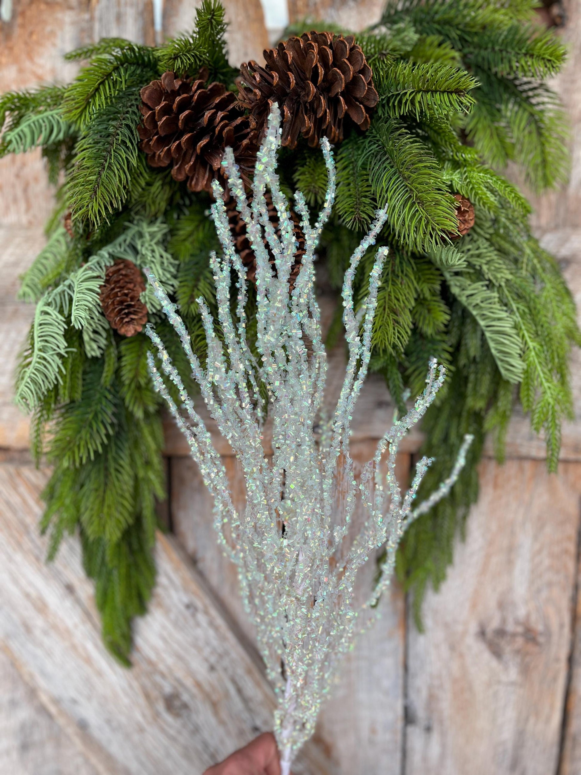 33" White Iridescent Twig Spray, Christmas Tree Topper Spray